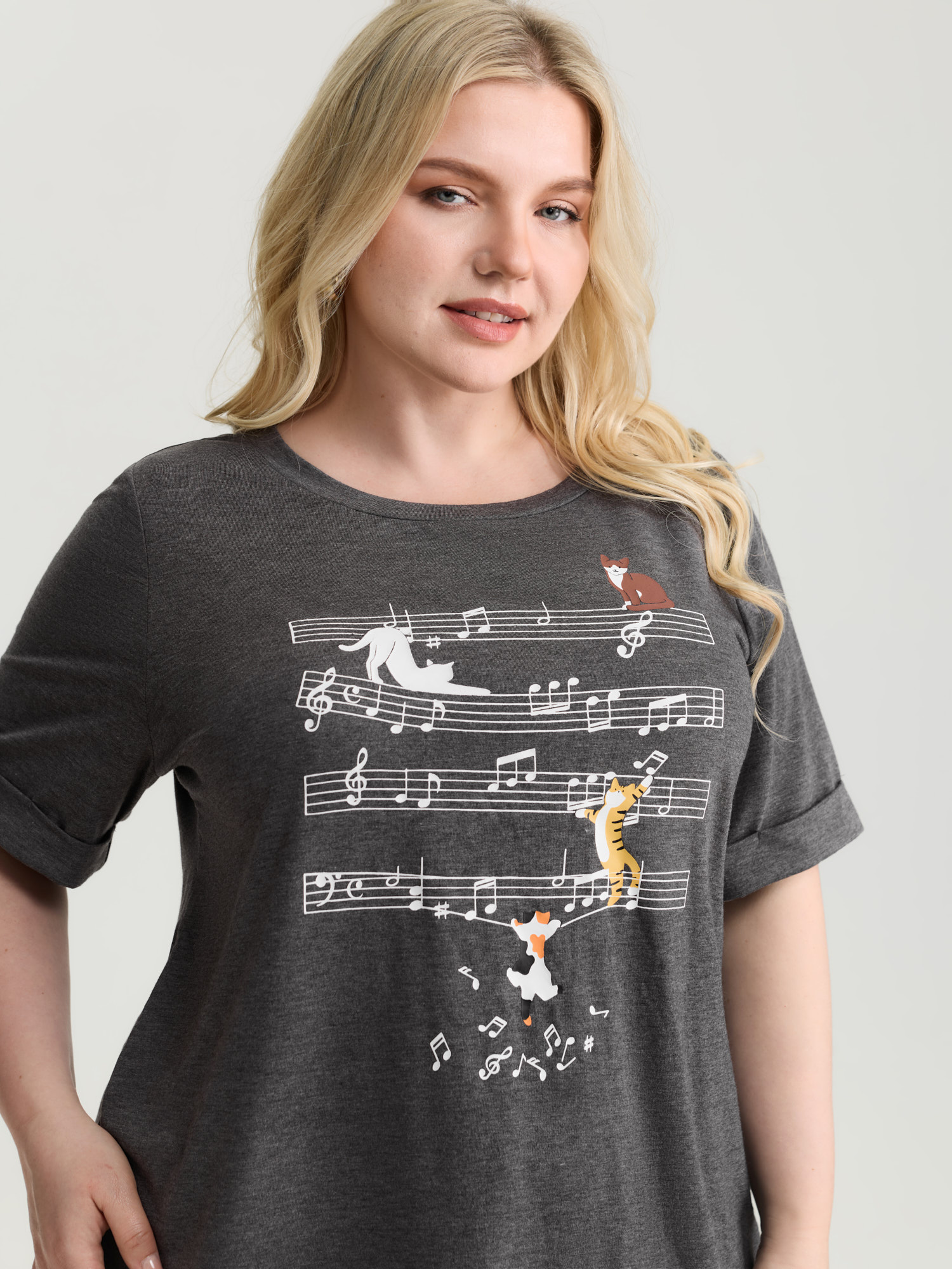 BloomChic Women's Plus Size Cat Tunes Print Stretchy T-Shirt DimGray Everyday-Casual Short sleeve 10/M