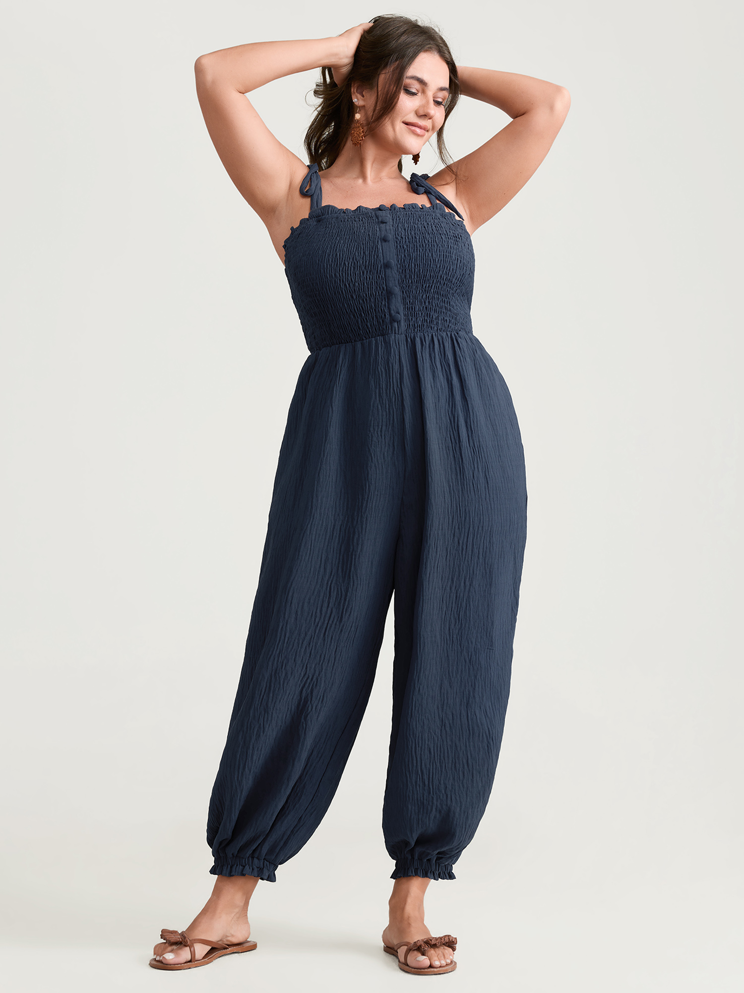BloomChic Plus Size Cute Shoulder-Tie Cuffed Hem Jumpsuit - Curve Women's Baritone Blue Playsuit - Side seam pocket O-line Jumpsuits 18-20/1X