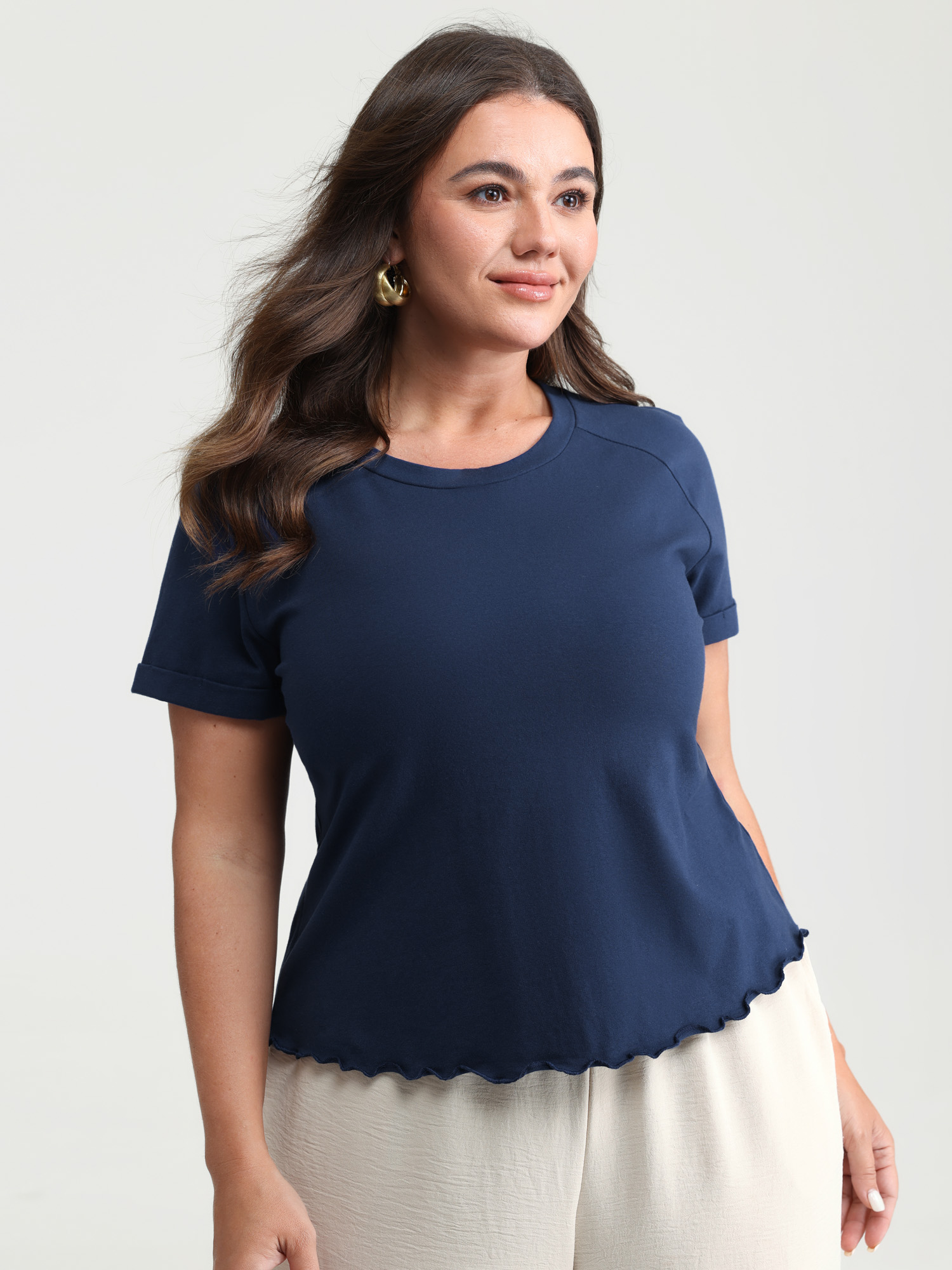 BloomChic Plus Size Cotton Plain Round Neck Fitted T-Shirt - Women's DarkBlue Solid Round Neck Comfort Midsection Fit Long Sleeve Playful T-shirts 14/M