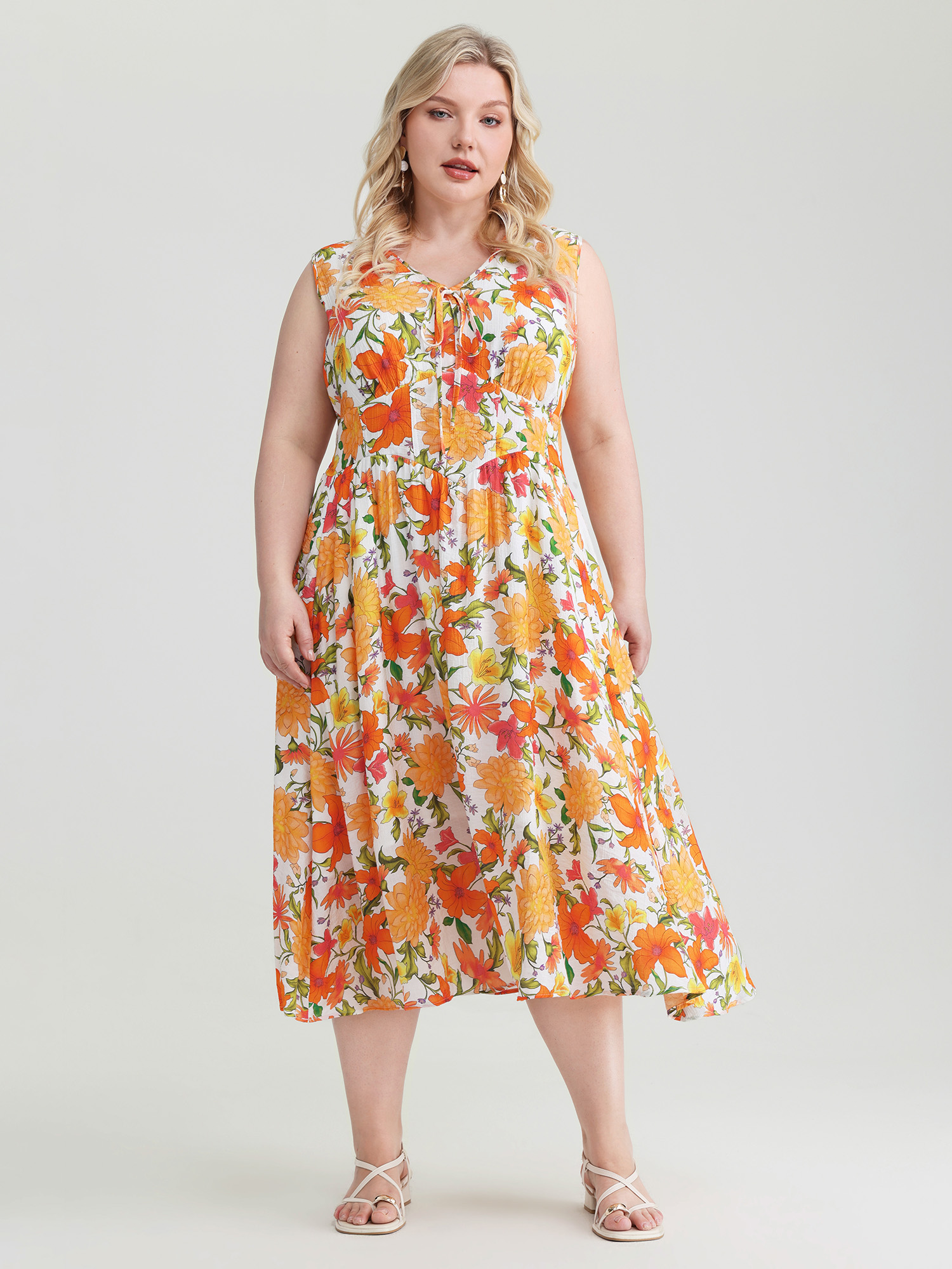 BloomChic Women's Plus Size Retro Floral Print Shirred Waist Midi Dress Multicolor Ditsy Floral Midi Everyday-Elegant Knotted 10/M