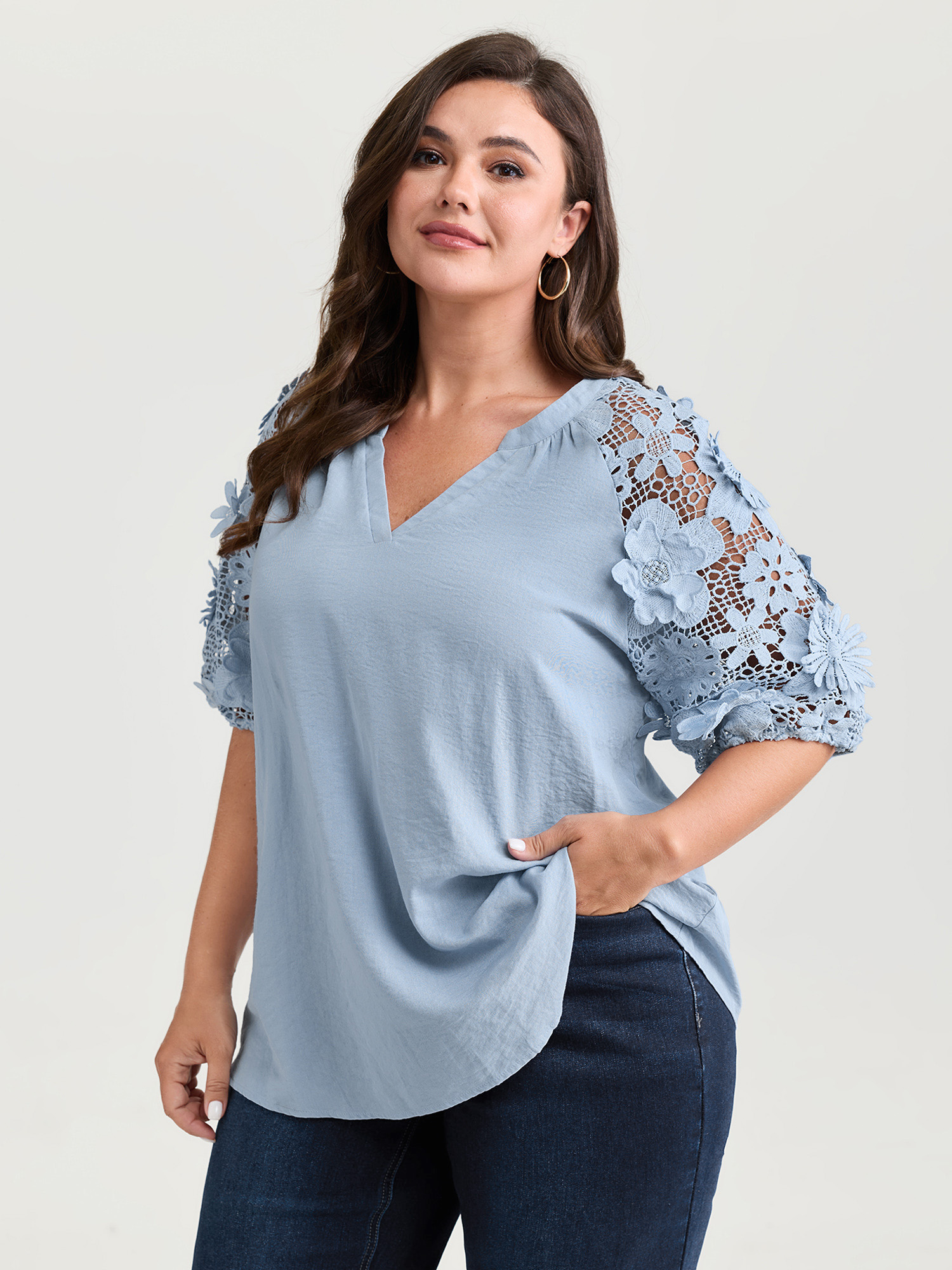 BloomChic Plus Size 3D Floral Sleeve Spliced Flowy Blouse - Women's LightBlue Synthetic texture Half Sleeve Elegant Blouses 26-28/3X