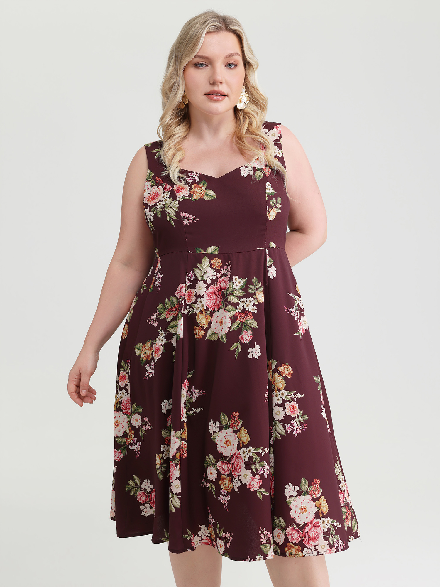 BloomChic Women's Plus Size Retro Floral Print Fit And Flare Midi Dress Burgundy Floral Midi Everyday-Elegant Pleated 10/M