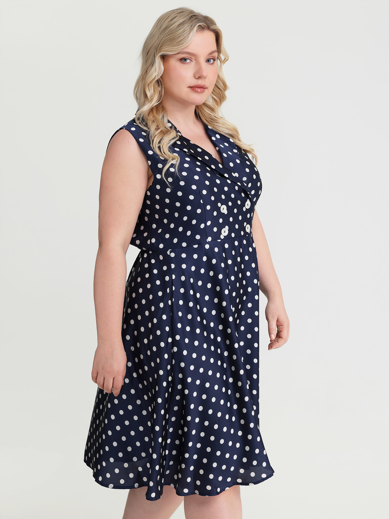 BloomChic Women's Plus Size Retro Polka Dots Fit And Flare Mini Dress DarkBlue Polka dots Knee Everyday-Elegant Overlapping 12/L