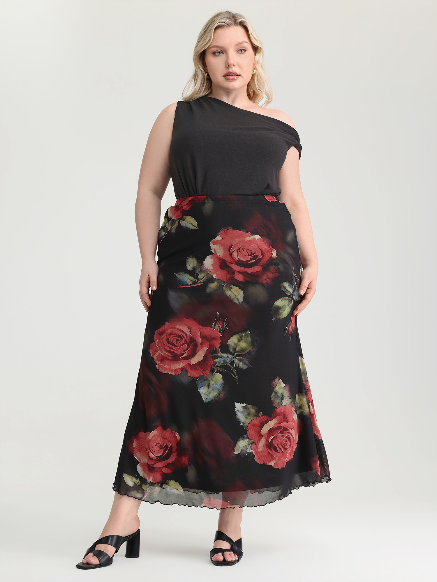 BloomChic Women's Plus Size Romantic Rose Print Elastic Mesh Maxi Skirt Black See through Skinny fit Everyday-Elegant 10/M