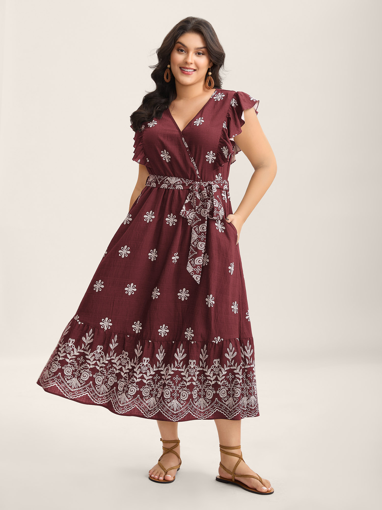 BloomChic Women's Plus Size Rayon Stretchy Waist Pockets Flutter Maxi Dress Burgundy Else Midi Vacation Lace-Up 30/6X