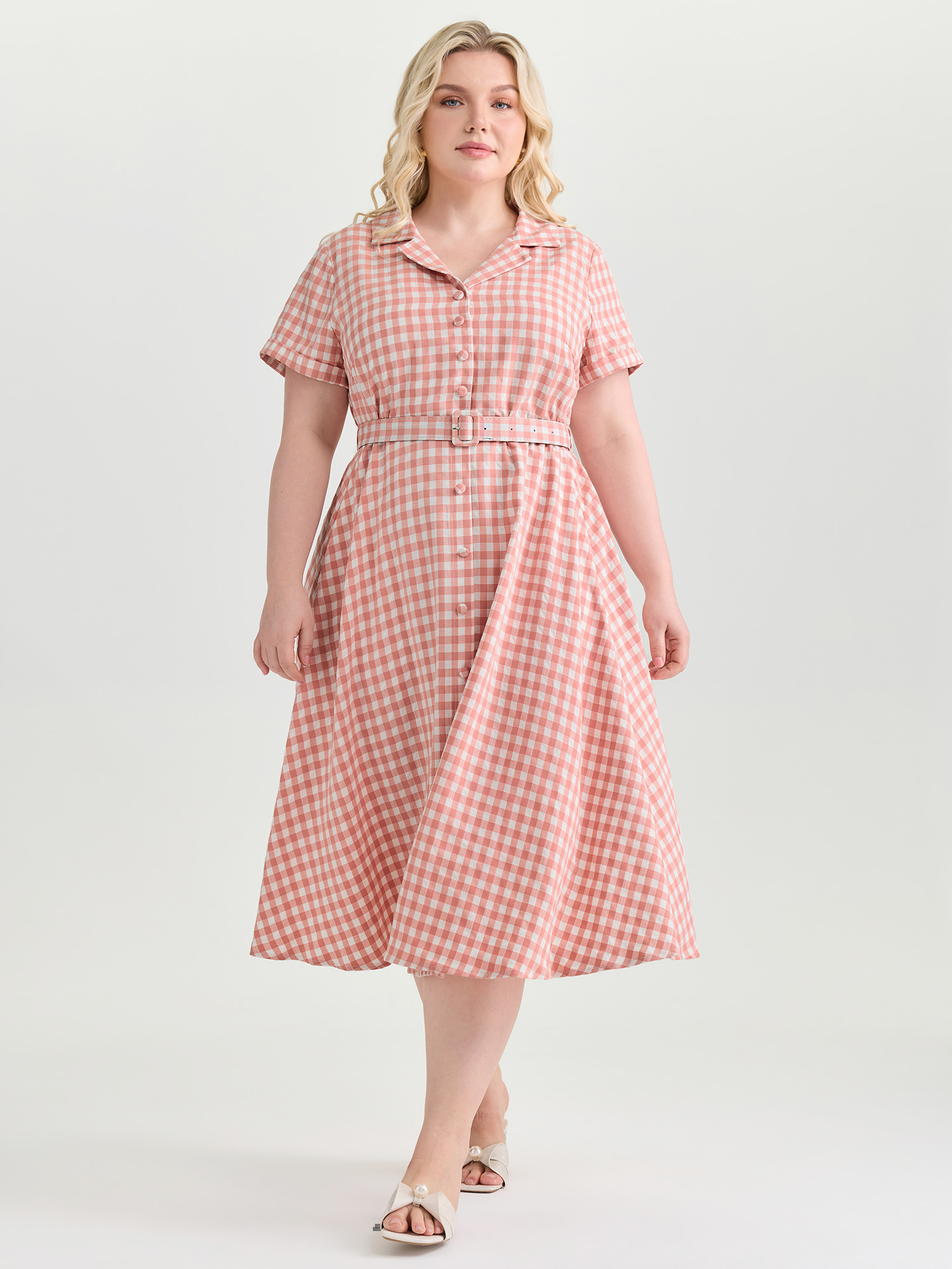 BloomChic Women's Plus Size Retro Gingham Print Collared Midi Dress Crepe Plaid Knee Everyday-Elegant Belted 12/L