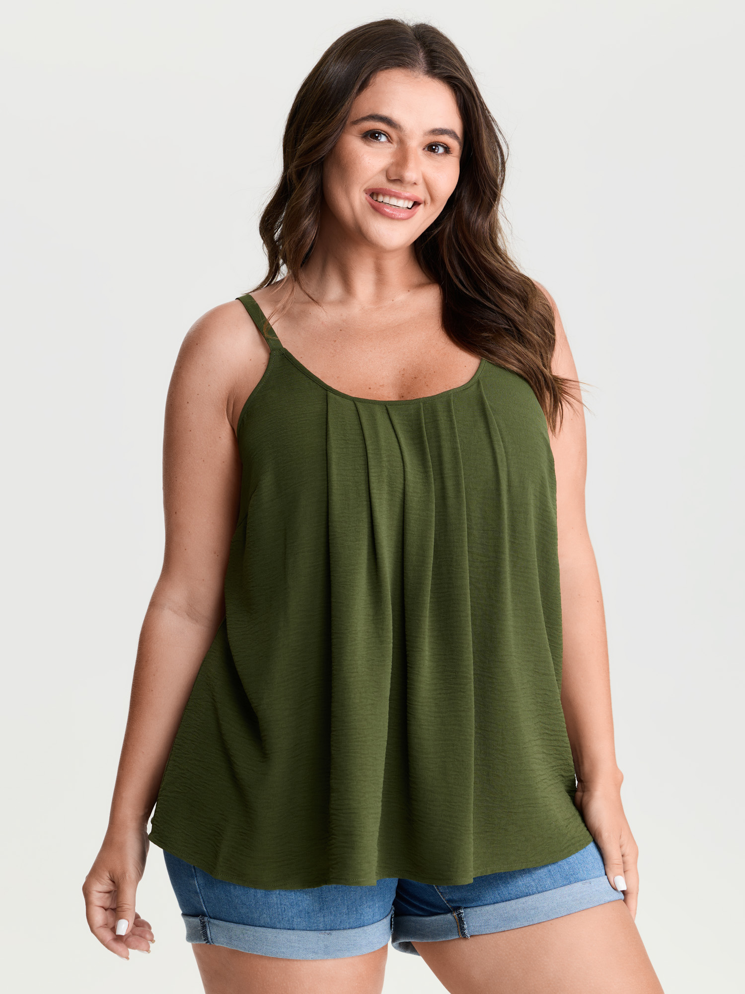 BloomChic Women's Plus Size Pleated Flowy Plain Tank Top ArmyGreen Everyday-Casual Relaxed Fit A-line U-Neck 14-16/1X