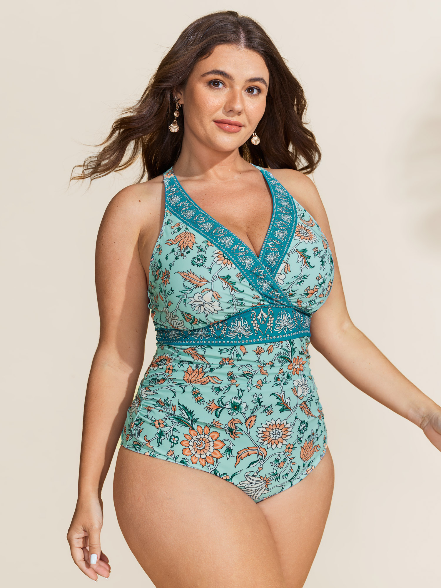 BloomChic Women's Plus Size Floral Print Adjustable Tummy-Control One-Piece Swimsuit Azure Floral Patchwork Adjustable Straps 12/L