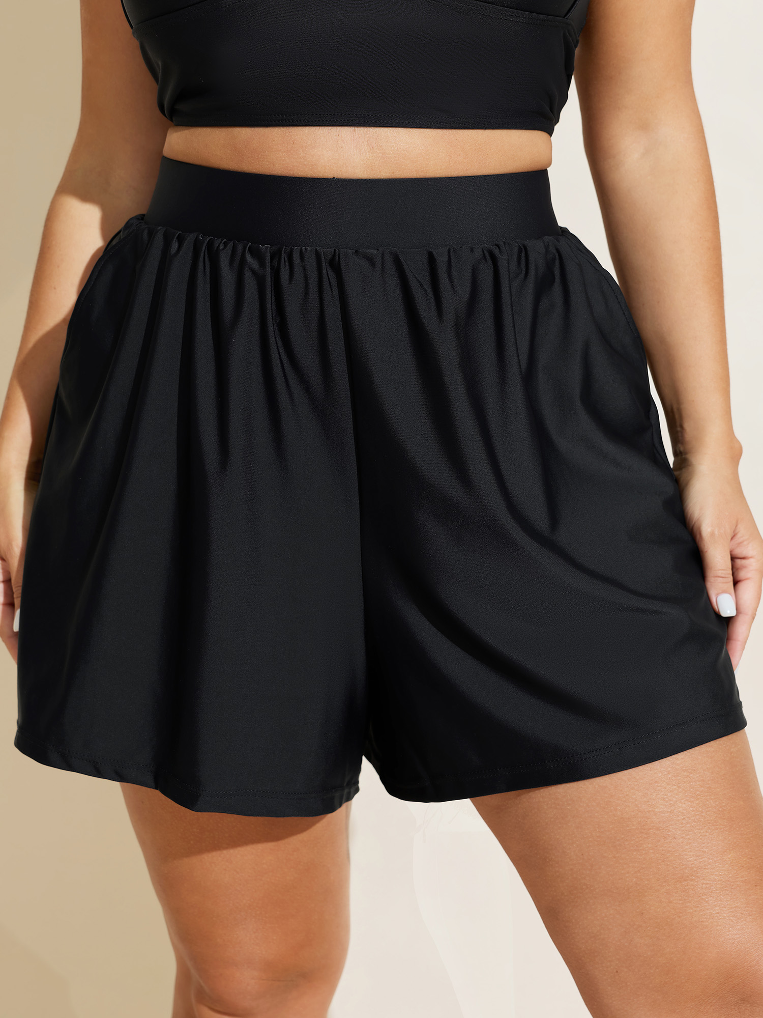 BloomChic Women's Plus Size High Waisted Pockets Solid Pleated Swim Shorts Black Solid cropped Ruched Elastic Waist 10/M