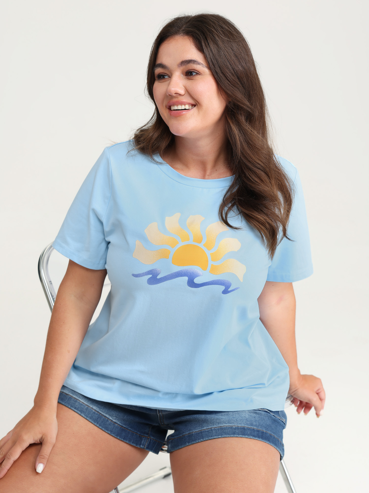 BloomChic Plus Size Cotton Sun Approved Crew Neck T-Shirt - Women's Skyblue Solid Round Neck Comfort Midsection Fit Long Sleeve Playful T-shirts 16/L