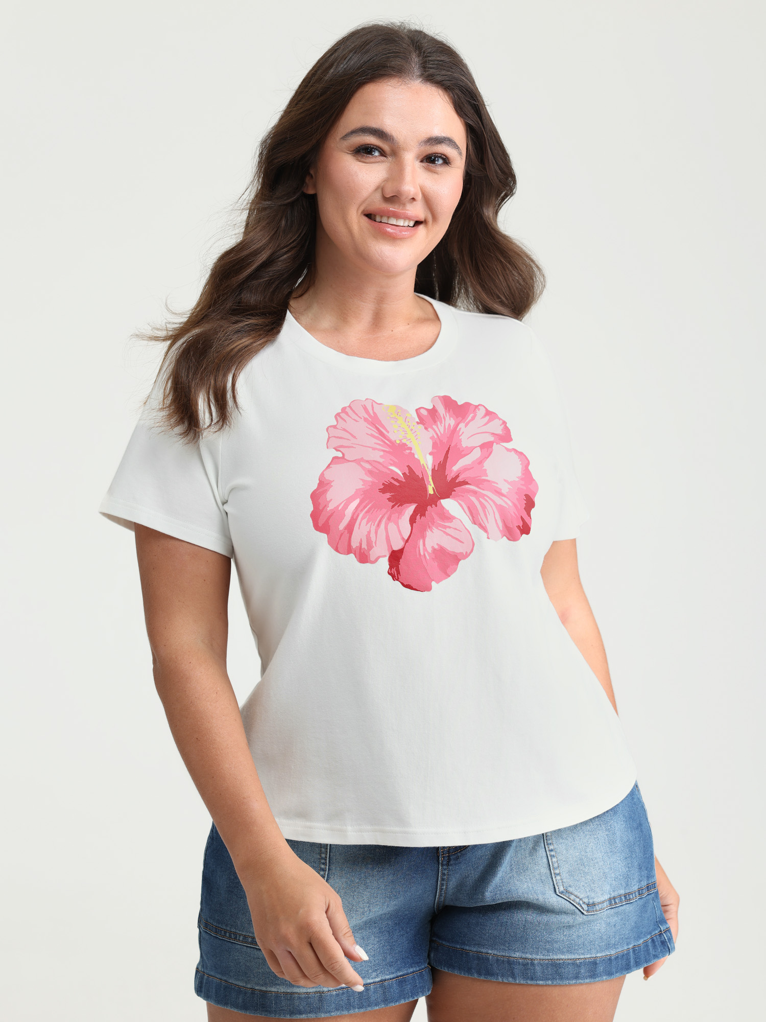 BloomChic Plus Size Cotton Bright Floral Print Crew Neckline T-Shirt - Women's Originalwhite Solid Round Neck Comfort Midsection Fit Long Sleeve Playful T-shirts 22-24/2X