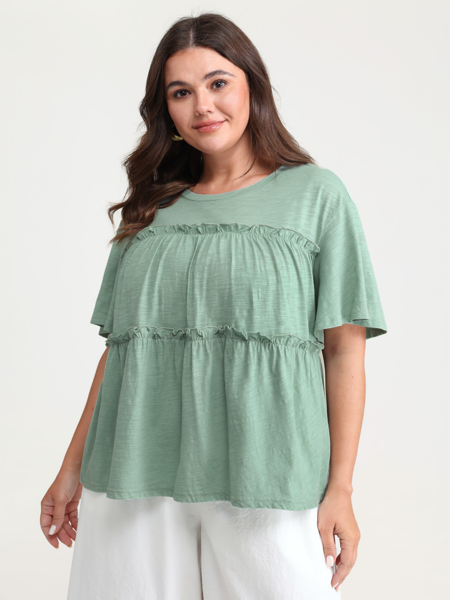 BloomChic Plus Size Pure Cotton Stretchy Lace Trim T-Shirt - Women's Greenbean Solid Round Neck Comfort Midsection Fit Long Sleeve Playful T-shirts 26-28/3X