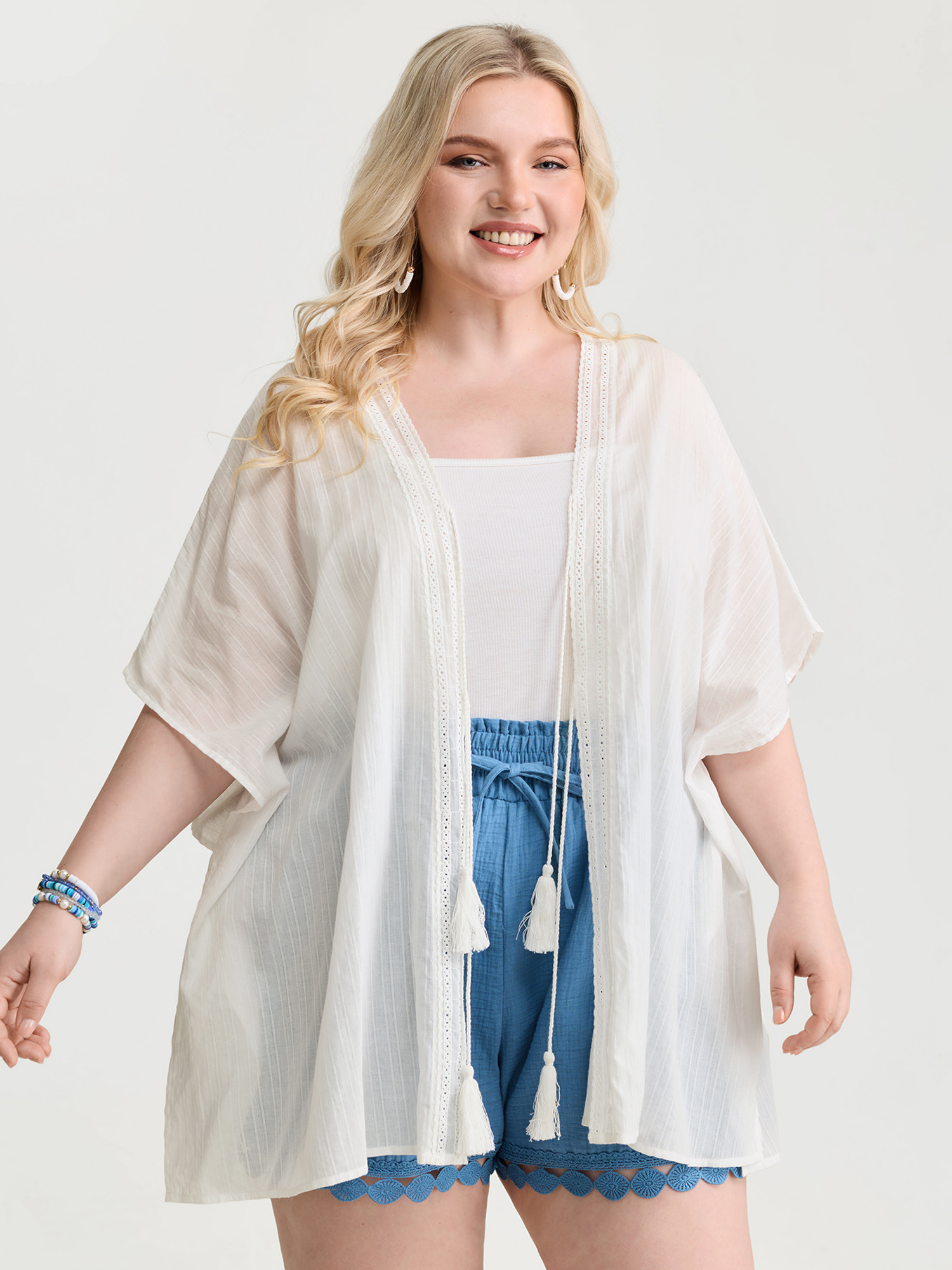BloomChic Women's Plus Size Pure Cotton Tassels Sheer Kimono Stalactite Lace Trim T-line 10/M