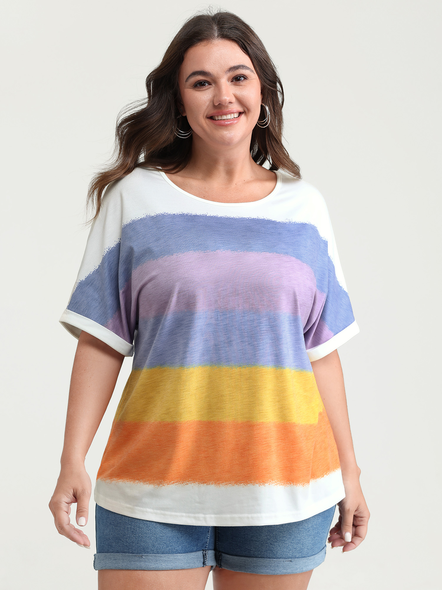 BloomChic Plus Size Multi-Color Supersoft Round Neck Knit Top - Women's Multicolor Tie-dye V-Neck Comfort Midsection Fit Cap Sleeve Americana Daily Knit Tops 14/M