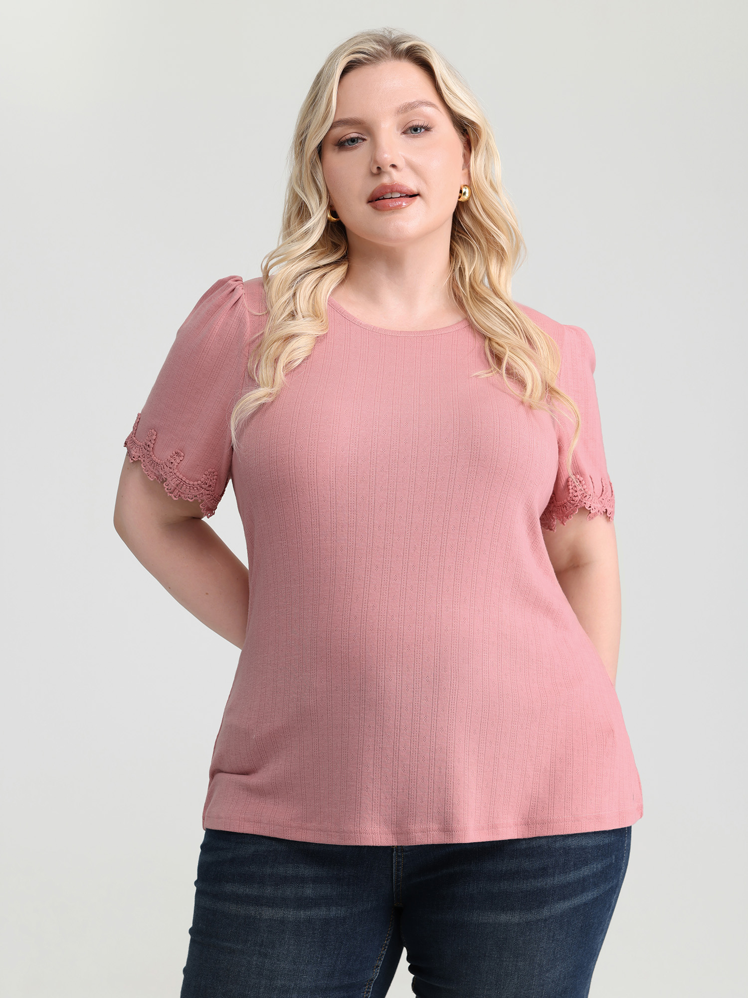 BloomChic Women's Plus Size Lace Trim Textured Knit Plain Top Watermelon Everyday-Elegant 10/M