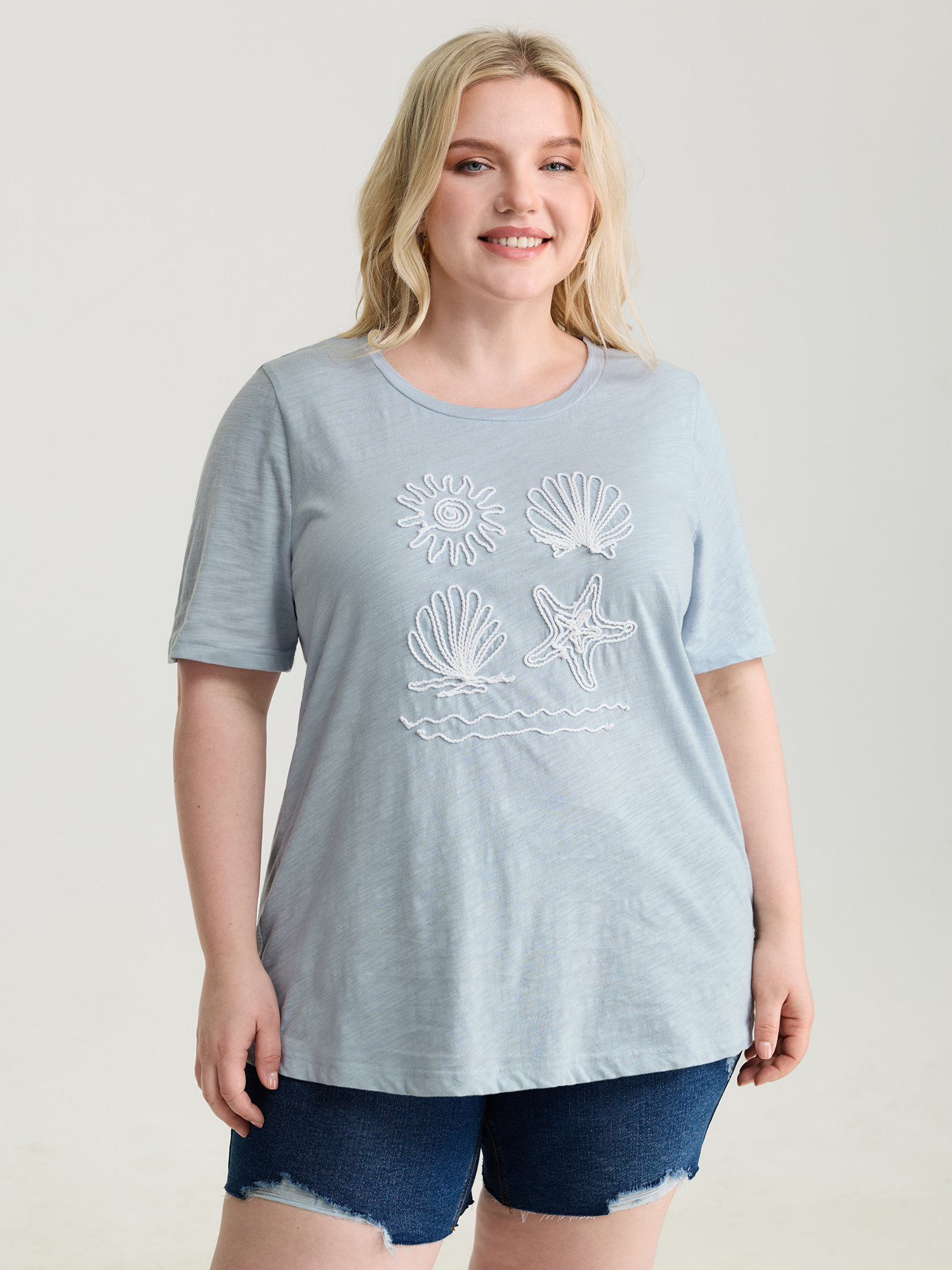 BloomChic Plus Size Pure Cotton Ocean Embroidered Stretchy T-Shirt - Women's LightBlue Solid Round Neck Comfort Midsection Fit Long Sleeve Playful T-shirts 14/M