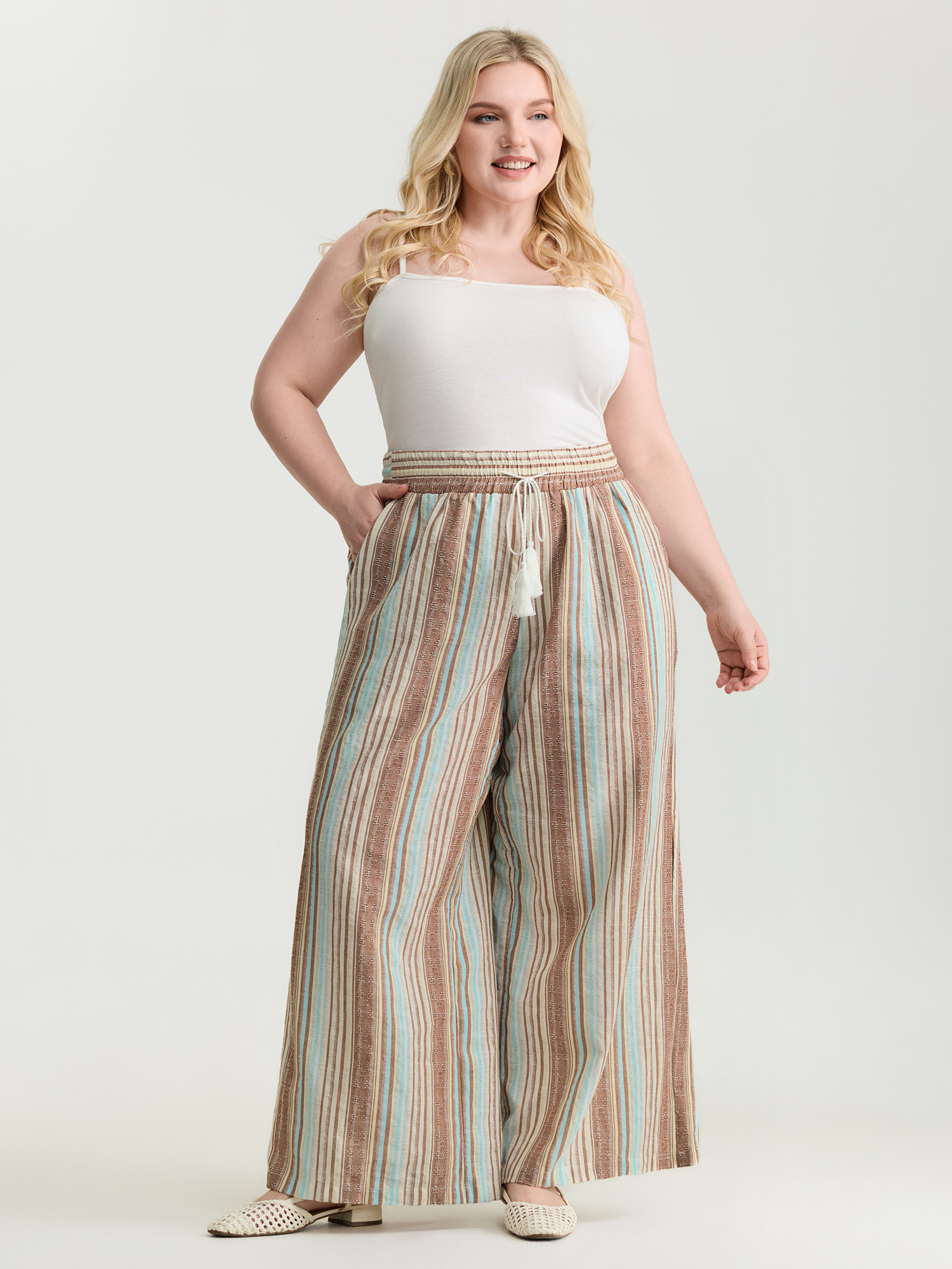 BloomChic Women's Plus Size Cotton Striped Drawstring Wide Leg Pants Yellowishbrown Stripes Wide leg Mid Rise 10/M