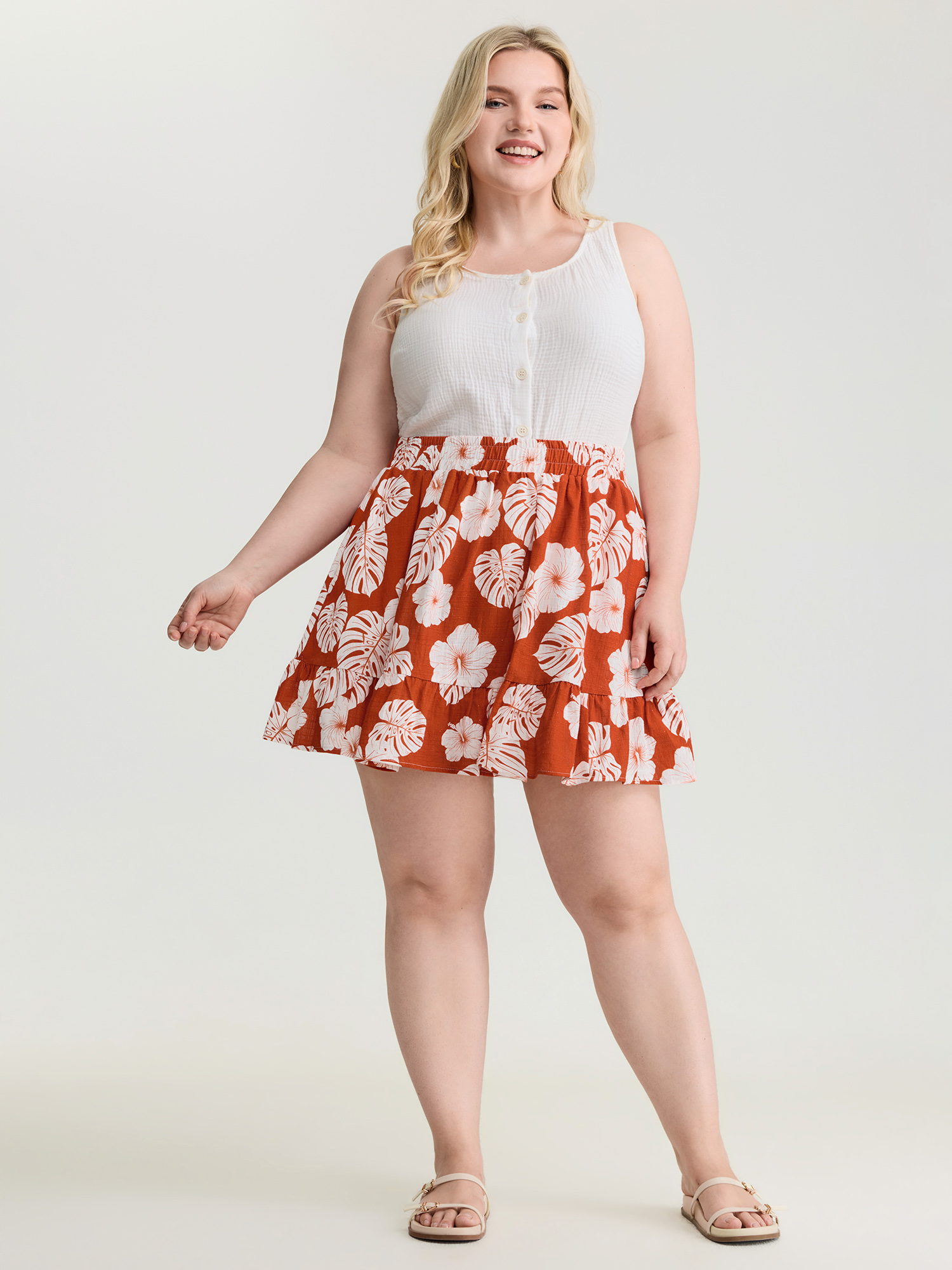 Plus Size Cotton Large Floral Print Flowy Midi Skirt - Curve Women's Brightorange Flared Side seam pocket Skirts 22-24/2X