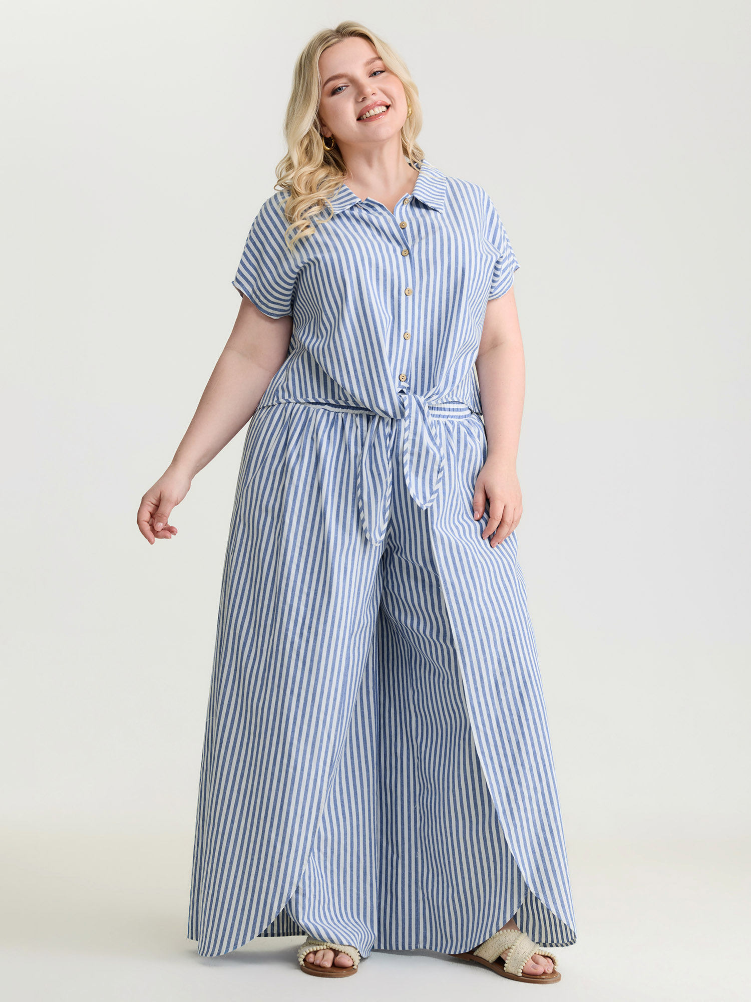 BloomChic Women's Plus Size Pure Cotton Striped Petal Hem Two-Piece Set Mediumblue Everyday-Casual not graphics Overlapping Raglan sleeve Cap Sleeve No stretch 12/L