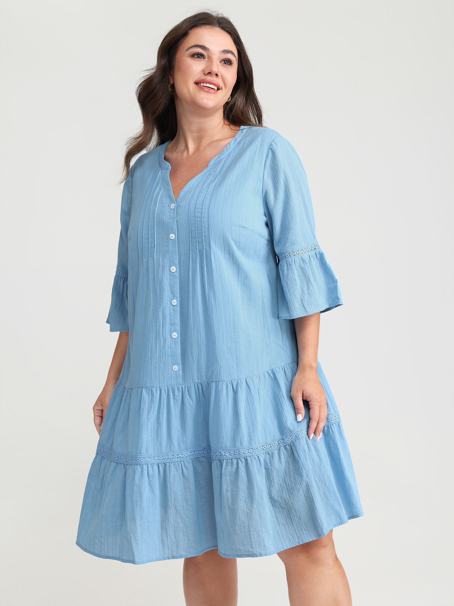 BloomChic Plus Size Pure Cotton Lace Trim Tiered Midi Dress - Curve Ladies LightBlue Leisure 3/4 Sleeve Non Side seam pocket Daily Dresses 34/6X