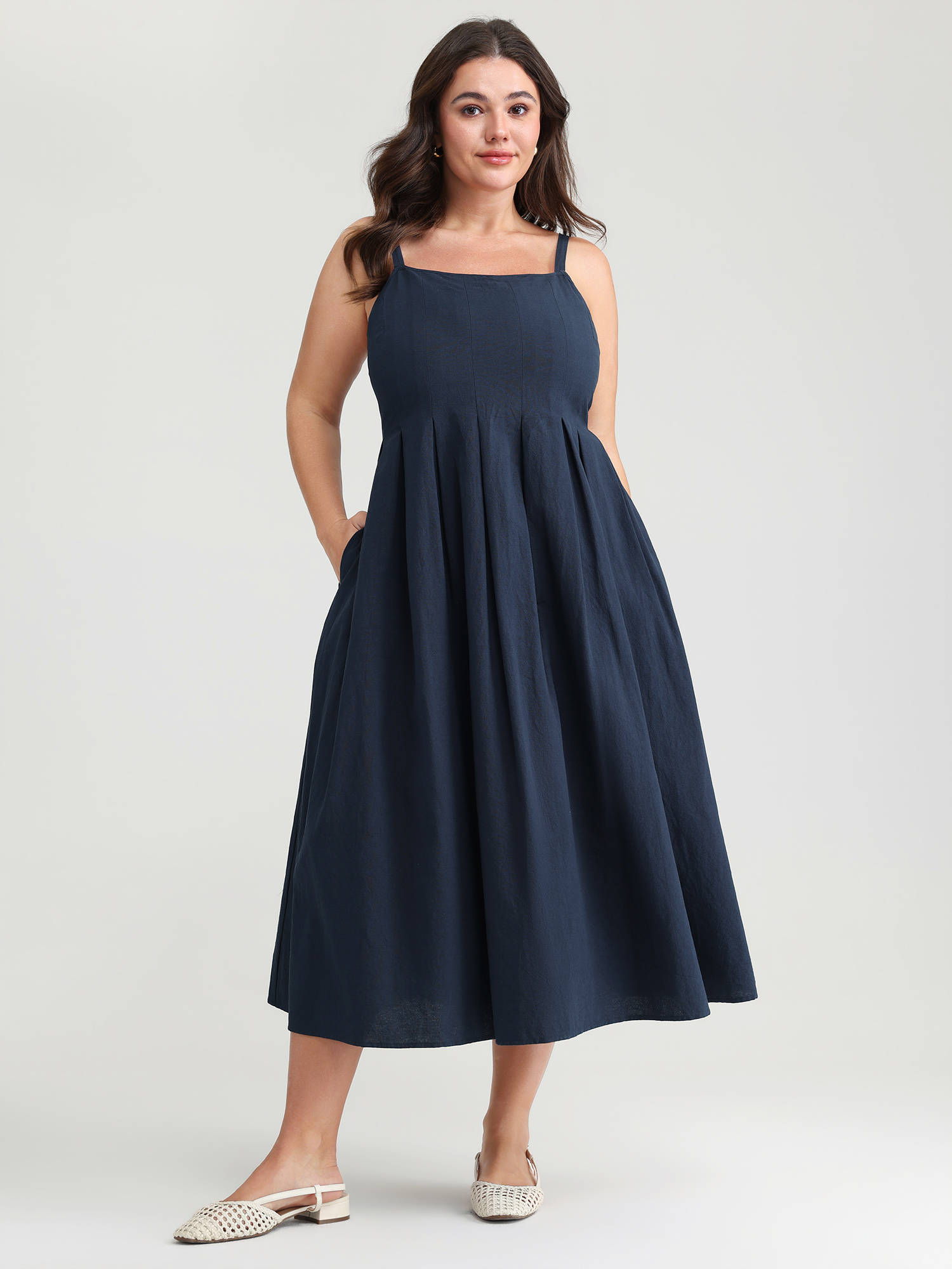 BloomChic Plus Size Pure Cotton Pleated Adjustable Midi Dress - Curve Ladies Ocean Cavern Leisure Sleeveless Side seam pocket Daily Dresses 26-28/3X