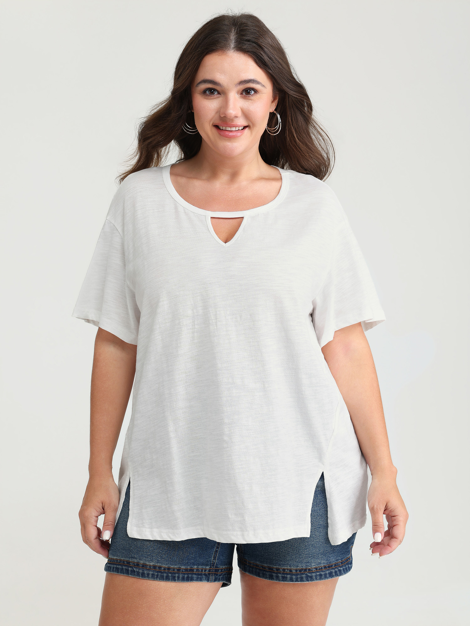 BloomChic Plus Size Pure Cotton Keyhole Neckline Flowy T-Shirt - Women's WhiteSmoke Solid Round Neck Comfort Midsection Fit Long Sleeve Playful T-shirts 22-24/2X