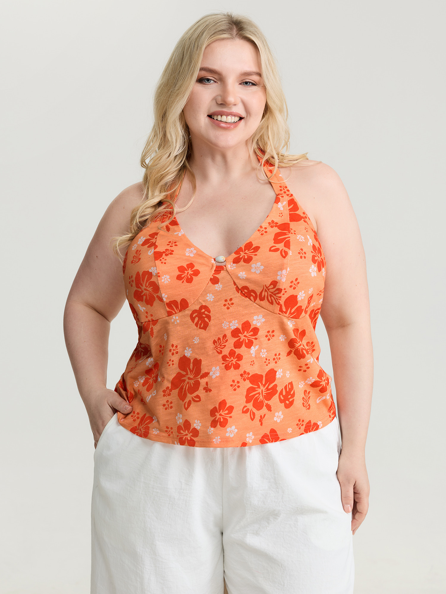 BloomChic Women's Plus Size Pure Cotton Sunkissed Halter Tie Neckline Tank Top Multicolor Everyday-Casual S-line 10/M