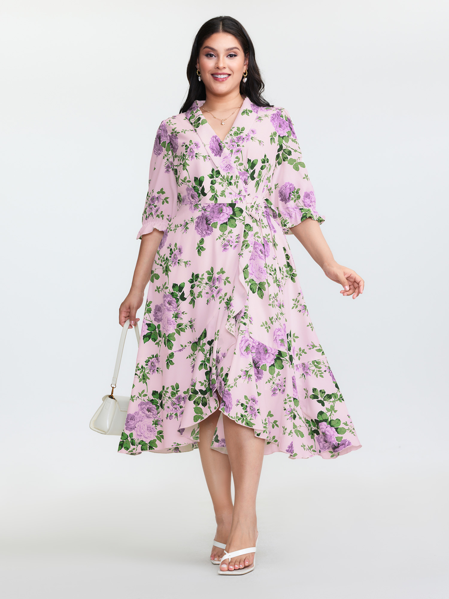 BloomChic Women's Plus Size Large Floral Print Wrap Pockets Midi Dress Lilac Ditsy Floral Midi Everyday-Elegant Overlapping 14-16/1X