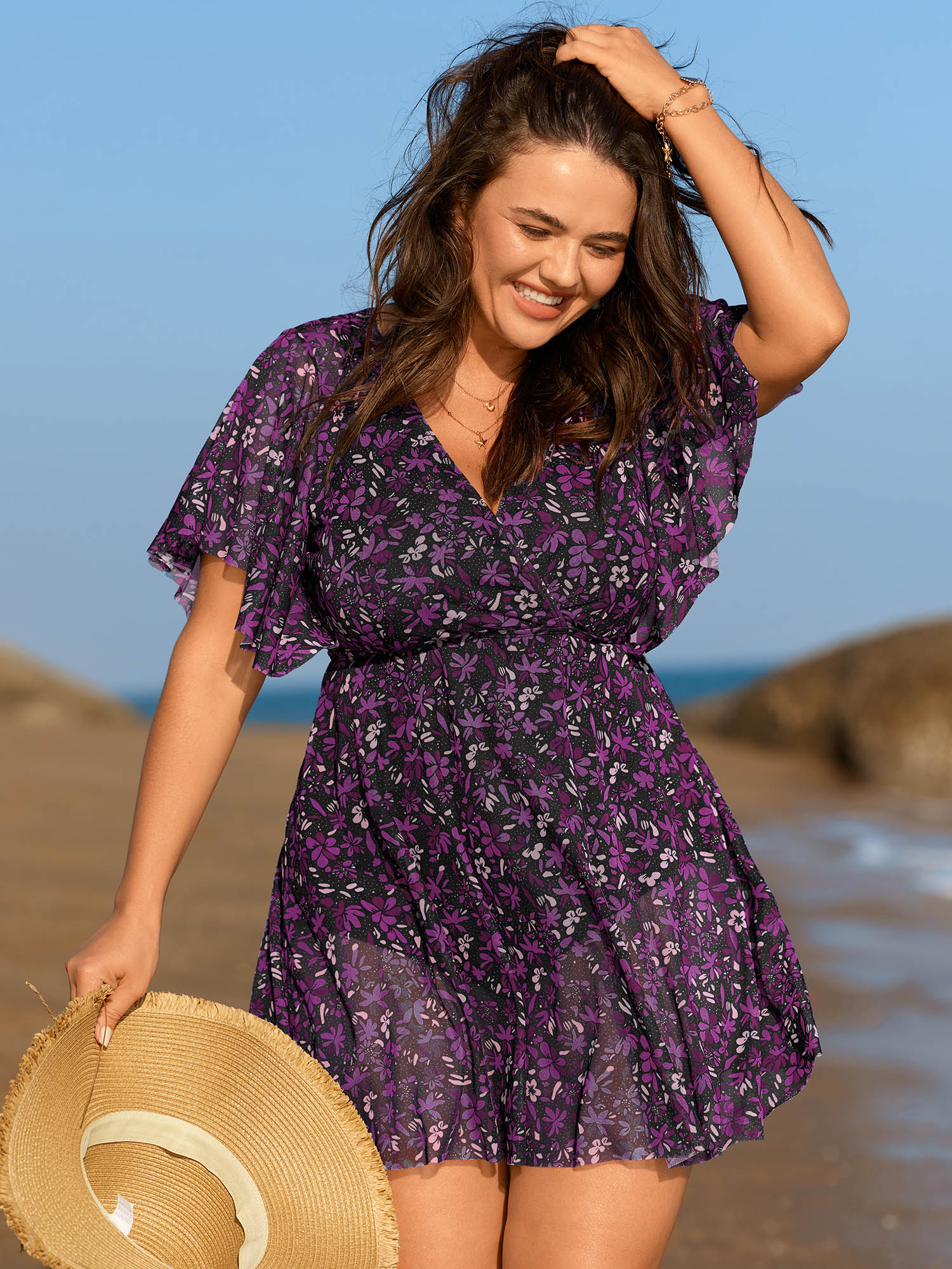 BloomChic Women's Plus Size Colorful Sheer Floral Print Swim Dress Black Ditsy Floral Mesh Panel Adaptive-Fit 10/M