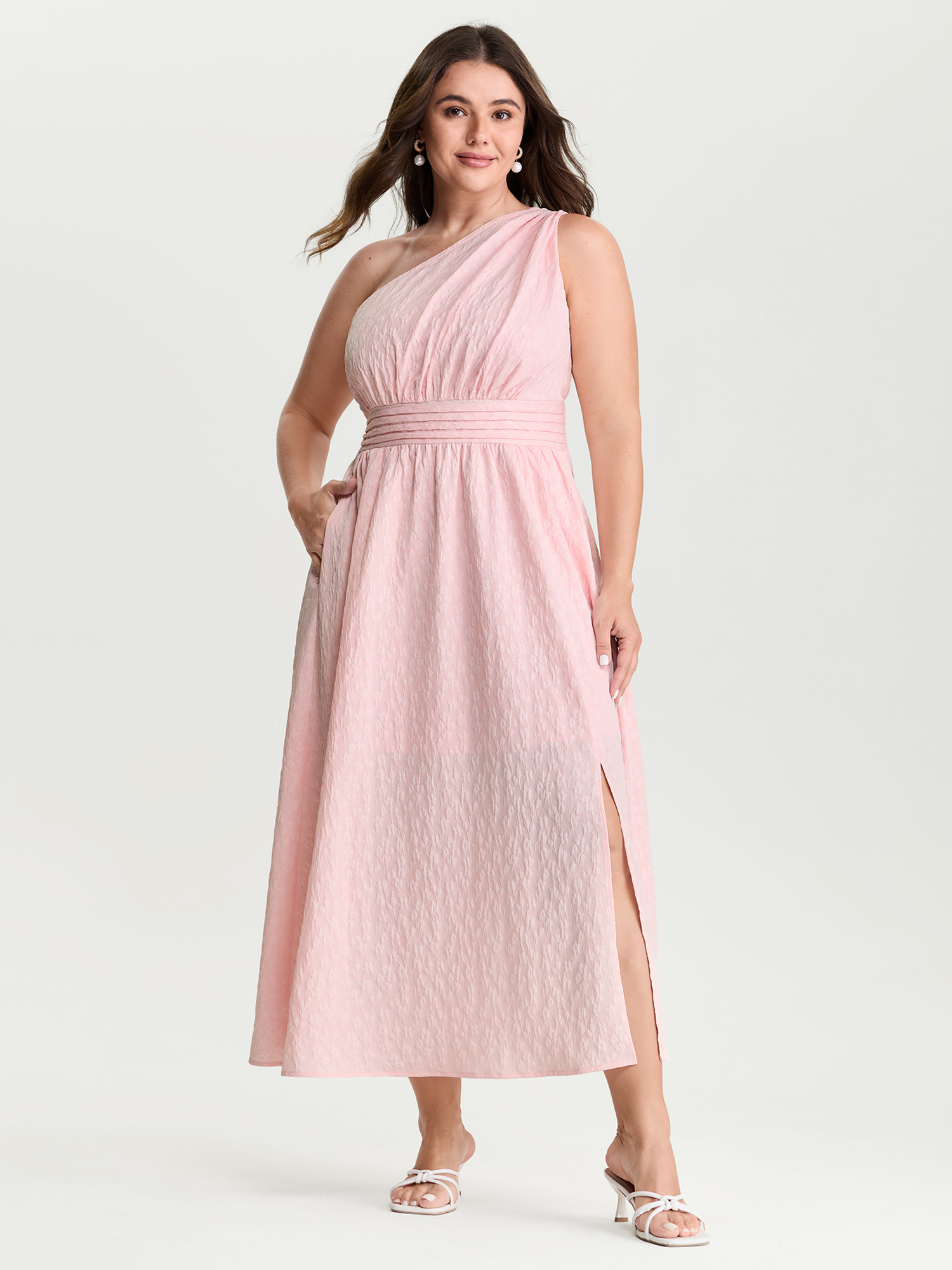 BloomChic Women's Plus Size One-Shoulder Pleated Waist Maxi Dress MistyRose Midi Everyday-Elegant Ruched 18-20/2X