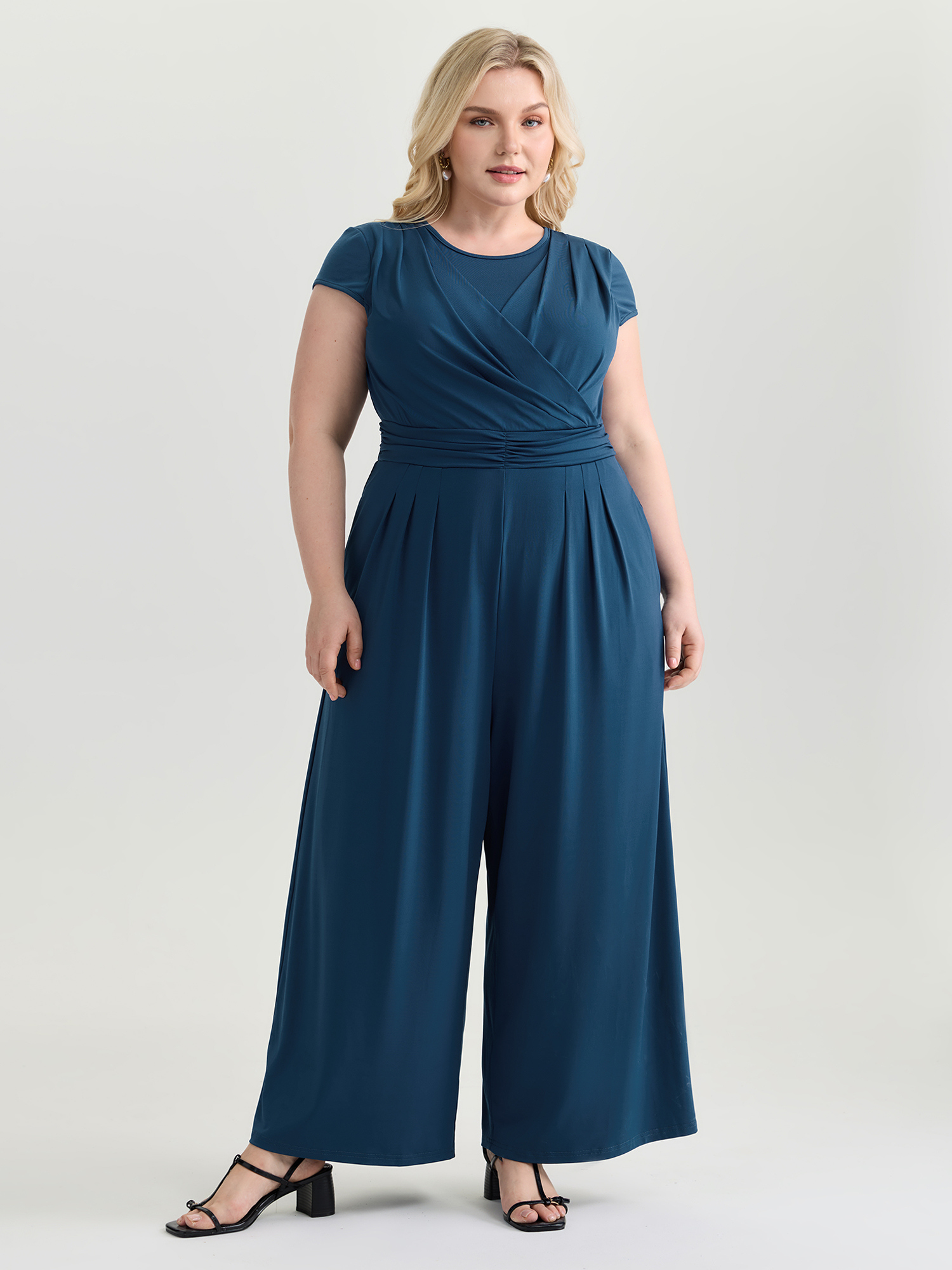 BloomChic Women's Plus Size Minimalist Overlap Plain Jumpsuit DarkBlue Everyday-Elegant 12/L