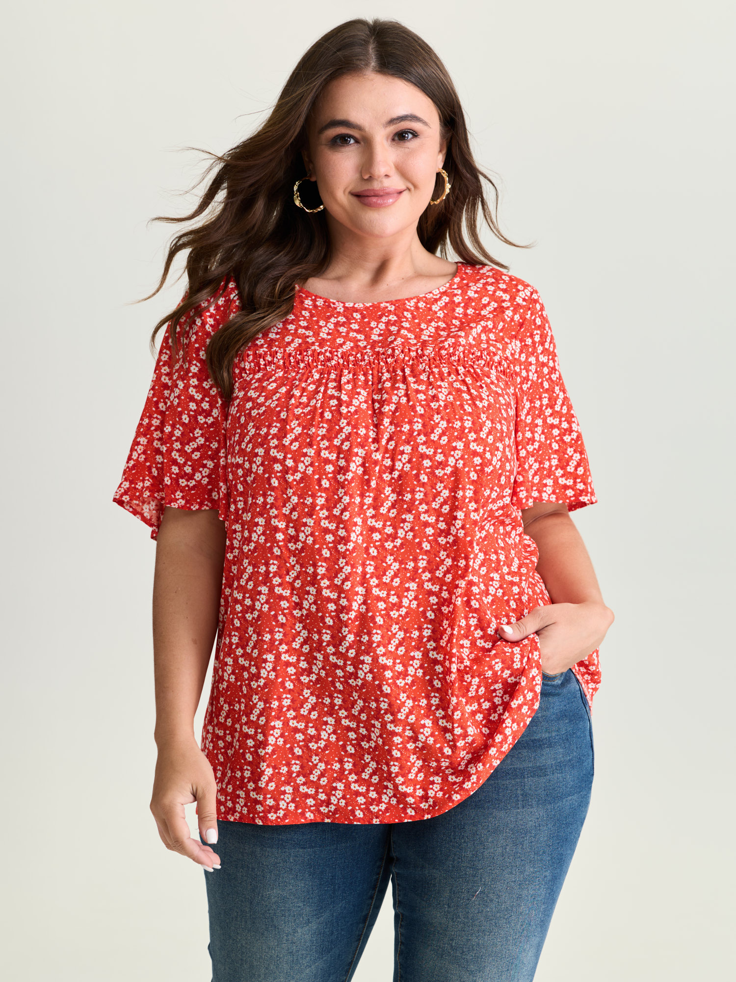 BloomChic Women's Plus Size Floral Ruffle Sleeve Gathered Round Neck Blouse Crimson Ditsy Floral Everyday-Casual Short sleeve Round Neck 10/M