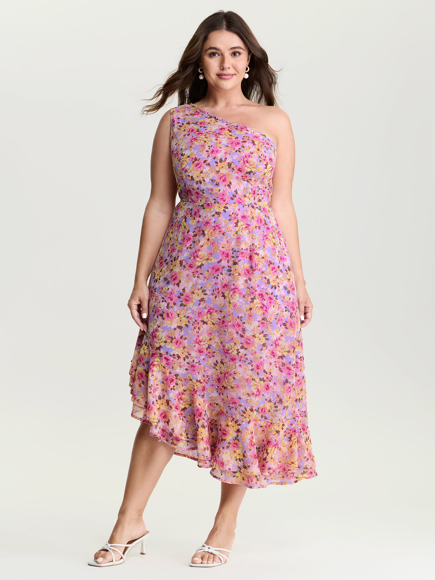 BloomChic Women's Plus Size Floral Ease Ruffled Hem One-Shoulder Midi Dress Multicolor Floral Midi Everyday-Elegant One-shoulder 10/M