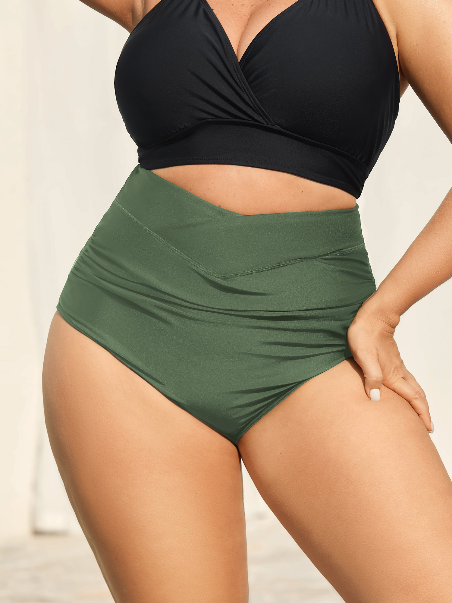 BloomChic Women's Plus Size Crossover High Waist Ruched Bikini Bottoms ArmyGreen Solid Booty Ruched Elastic Waist 12/L