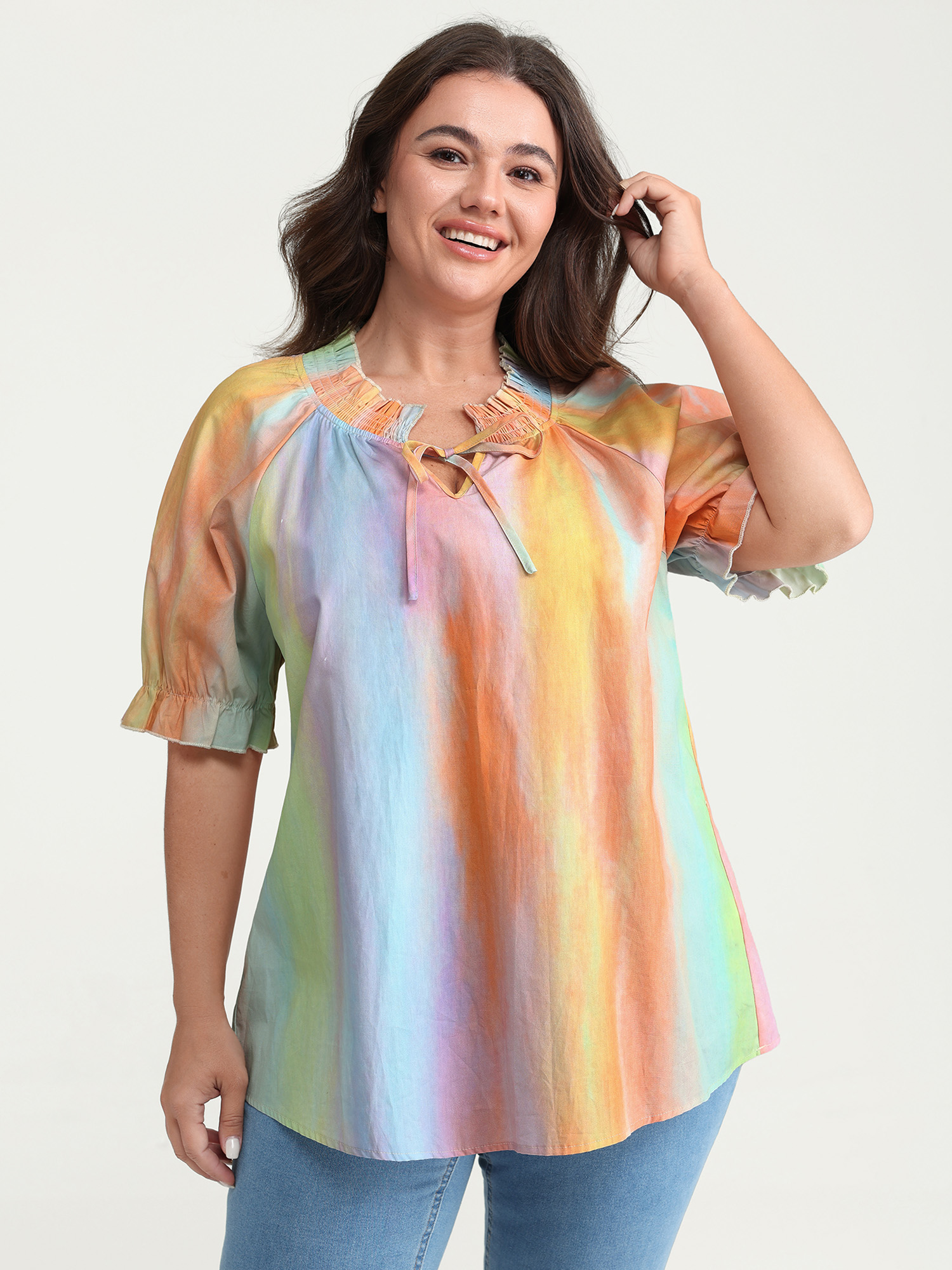 BloomChic Women's Plus Size Cotton Colorful Shirred Blouse Multicolor Tie-dye Everyday-Casual Short sleeve 10/M