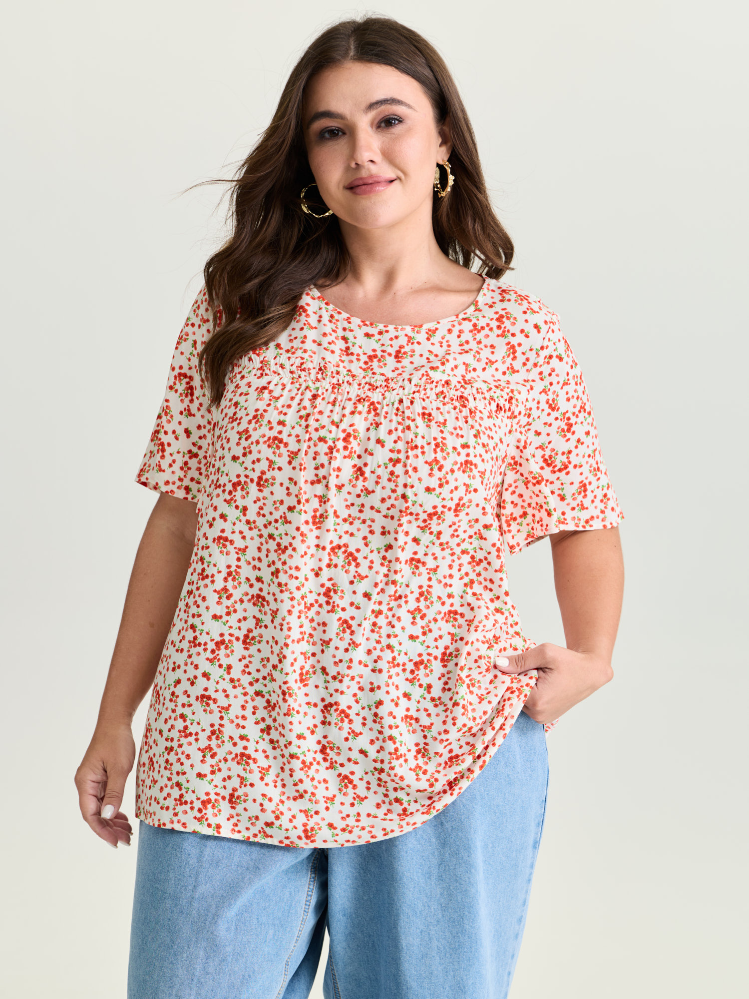 BloomChic Women's Plus Size Floral Ruffle Sleeve Gathered Round Neck Blouse Raspberry Ditsy Floral Everyday-Casual Short sleeve Round Neck 10/M