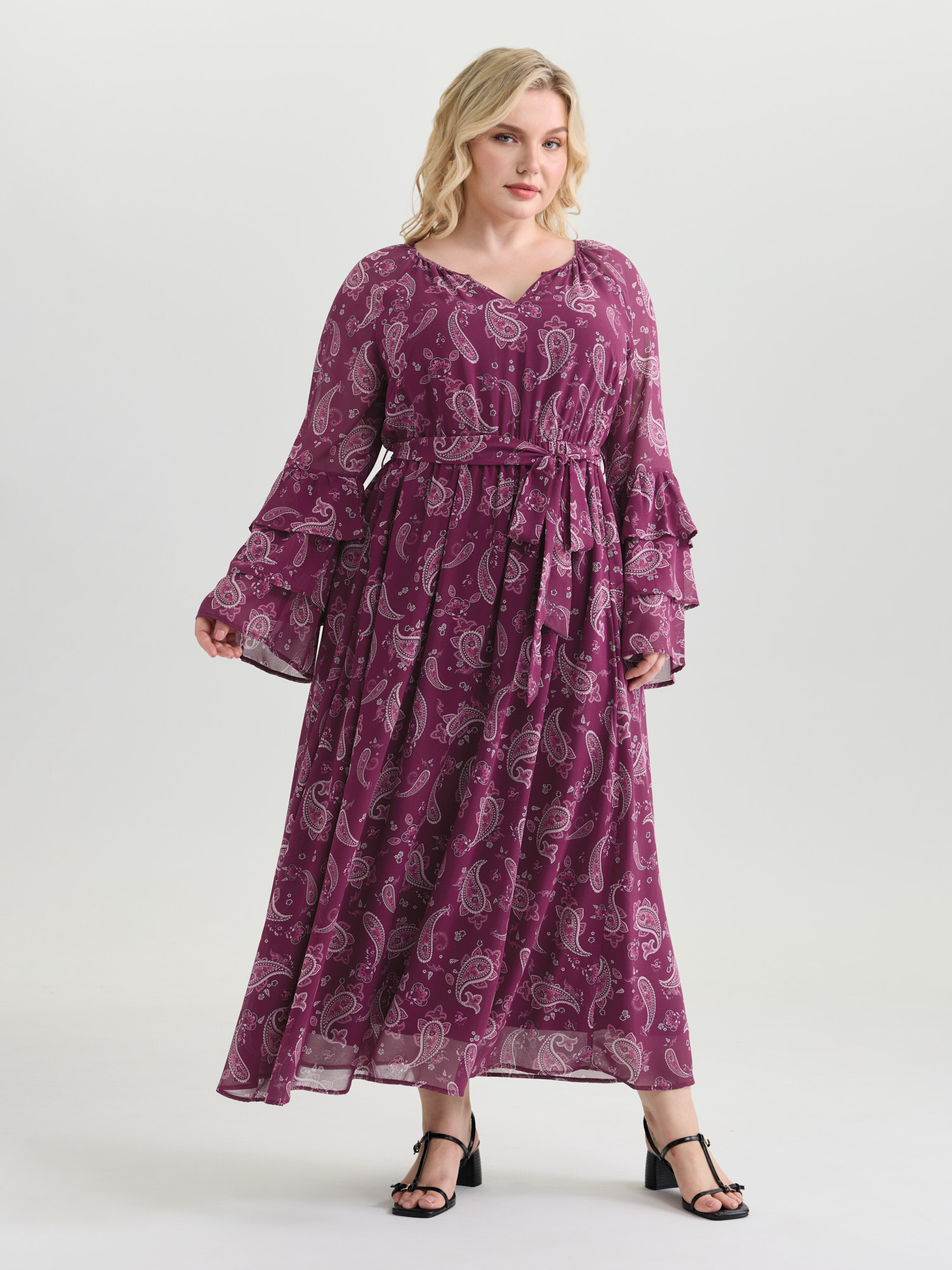 BloomChic Women's Plus Size Boho Paisley Print Waist-Tie Maxi Dress Deeppurplered Bohemian print Maxi Everyday-Elegant Overlapping 10/M