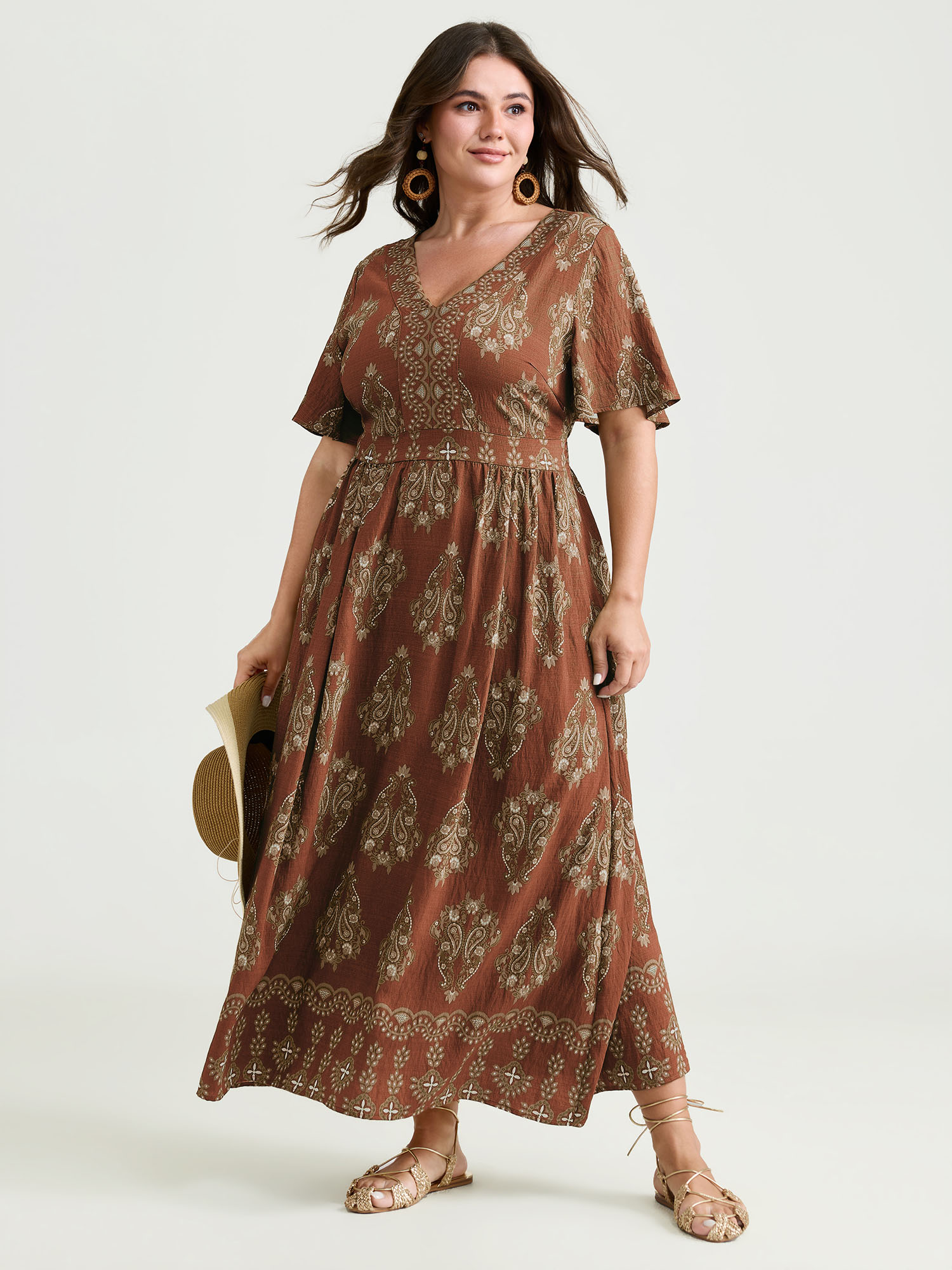 BloomChic Plus Size Paisley Print Pockets Shirred Waist Maxi Dress - Curve Ladies Yellowishbrown Boho Short sleeve Ethnic Floral Side Pocket Daily Dresses 32/5X