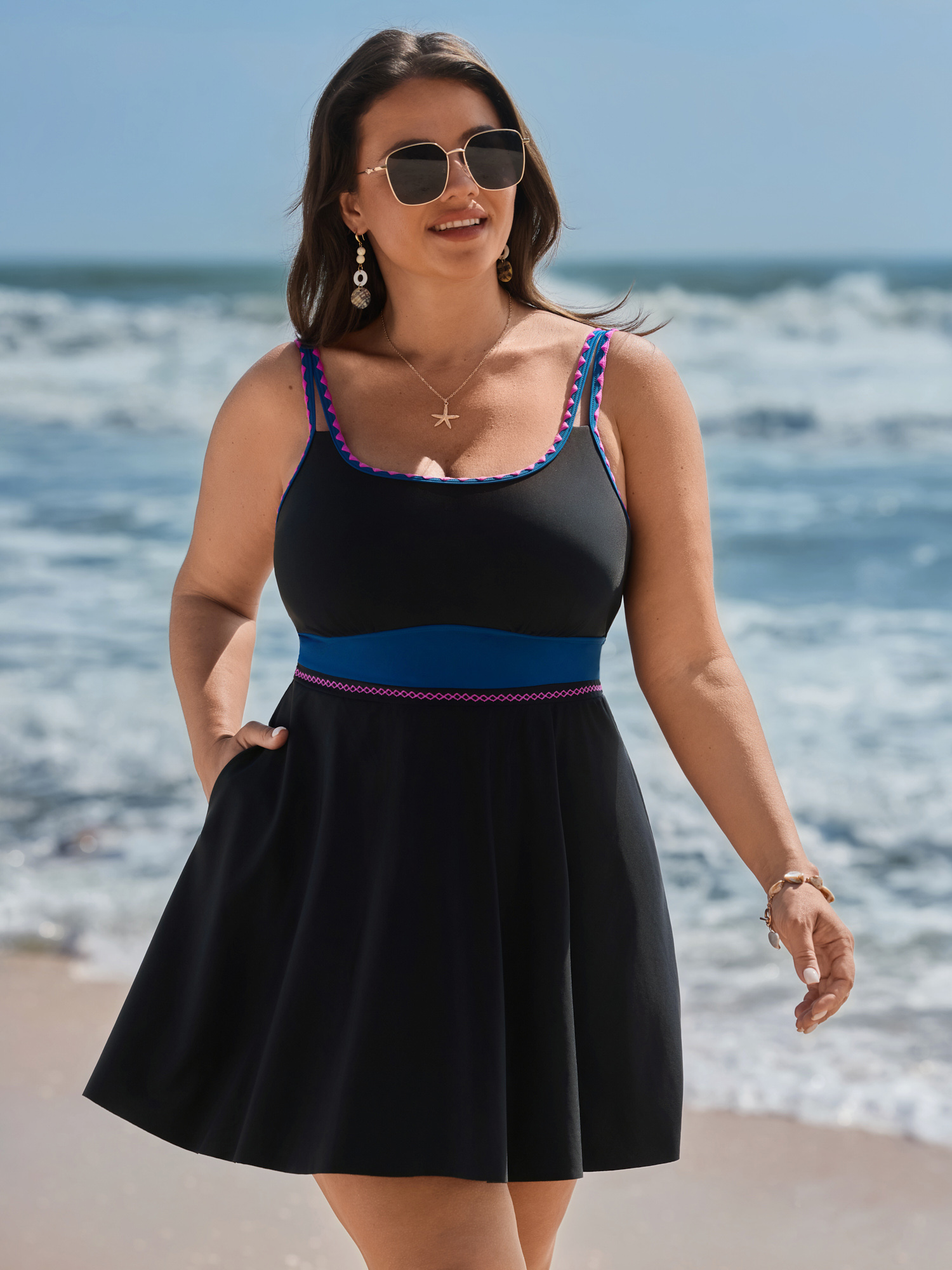 BloomChic Plus Size Anti-Float Tie Lace Pockets Swim Dress - Curve Women's Swimwear- Black Anti-Float Ties Full elastic waistband Slanted pocket Swim Dresses 16/L