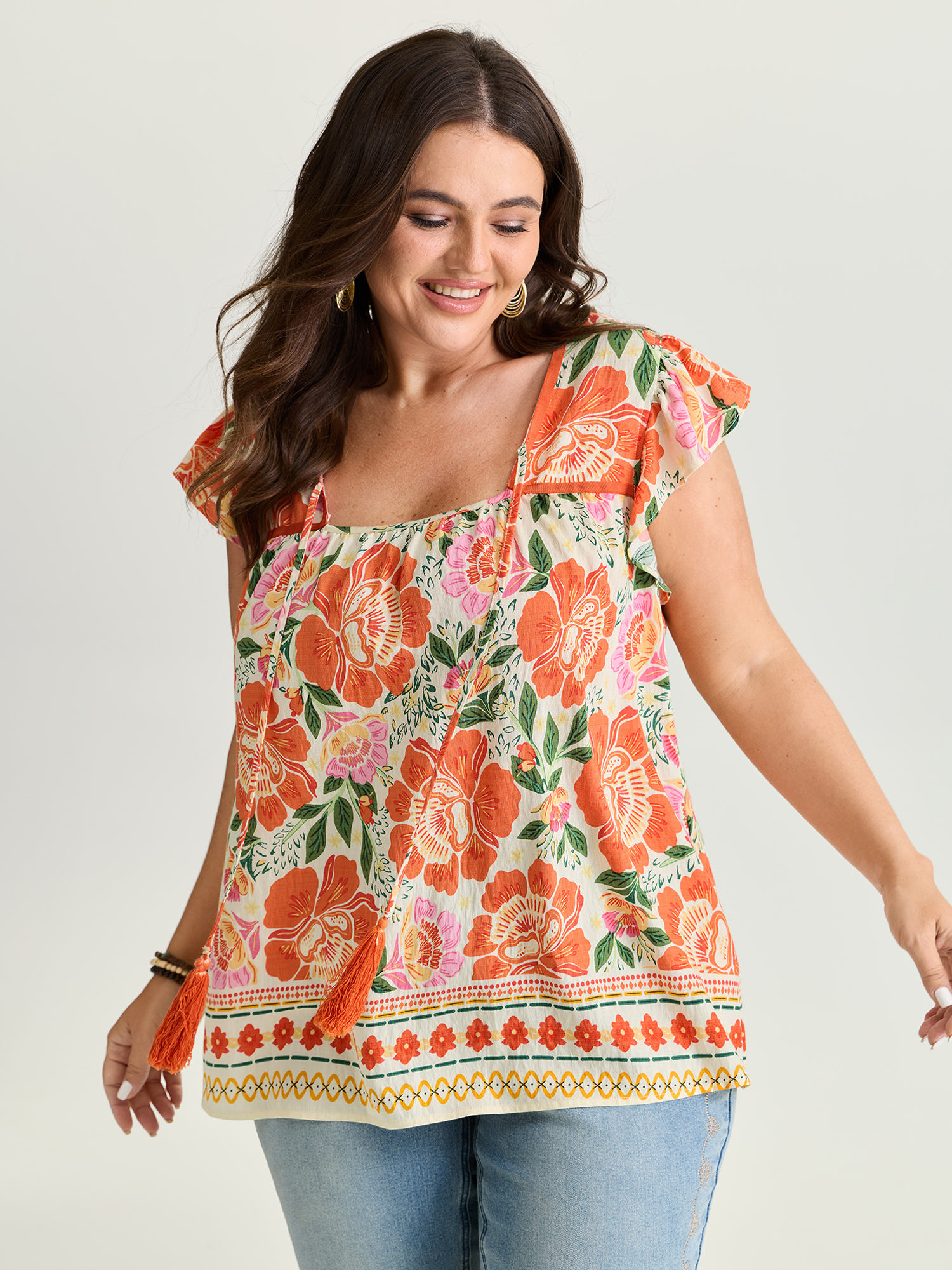 BloomChic Women's Plus Size Vibrant Floral Print Flutter Sleeve Blouse Multicolor Floral Vacation Cap Sleeve Square Neck 22-24/3X