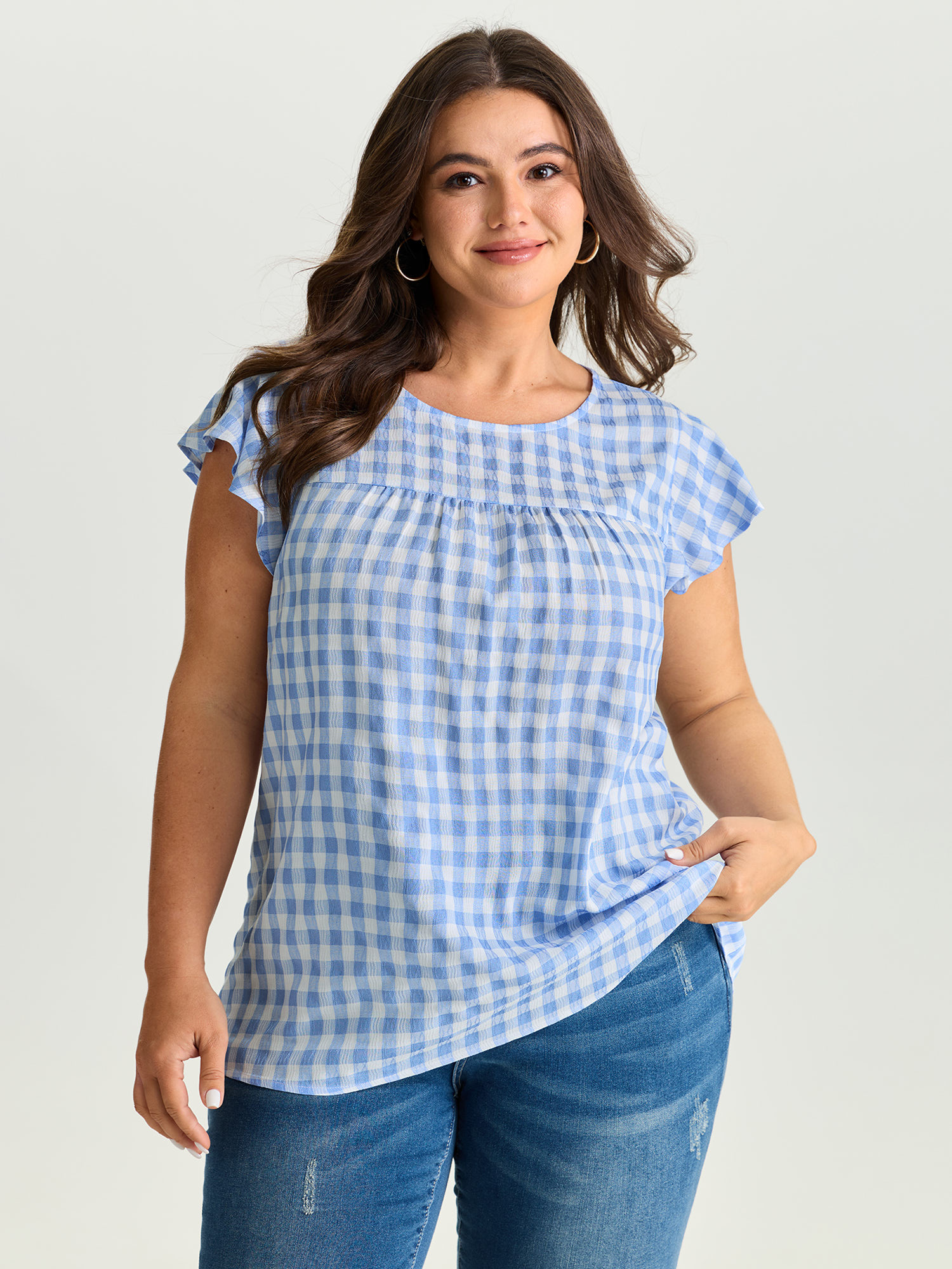 BloomChic Women's Plus Size Gingham Print Ruffled Sleeve Pleated Blouse Bluepurple Plaid Everyday-Casual Cap Sleeve Round Neck 10/M