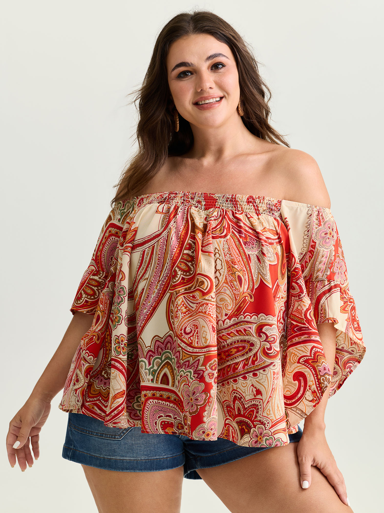 BloomChic Women's Plus Size Colorful Paisley Print Off-Shoulder Blouse Multicolor Paisley Vacation 3/4 Sleeve 10/M