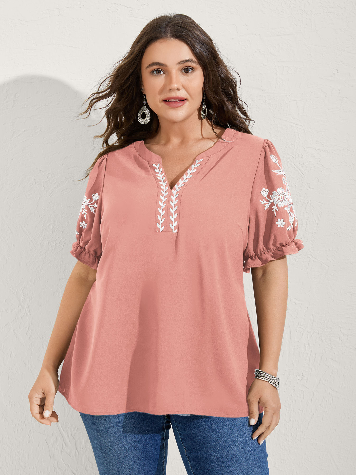 BloomChic Women's Plus Size Notched Collar Embroidered Ruffled Blouse Salmon Solid Vacation Short sleeve V-Notch Neck 10/M