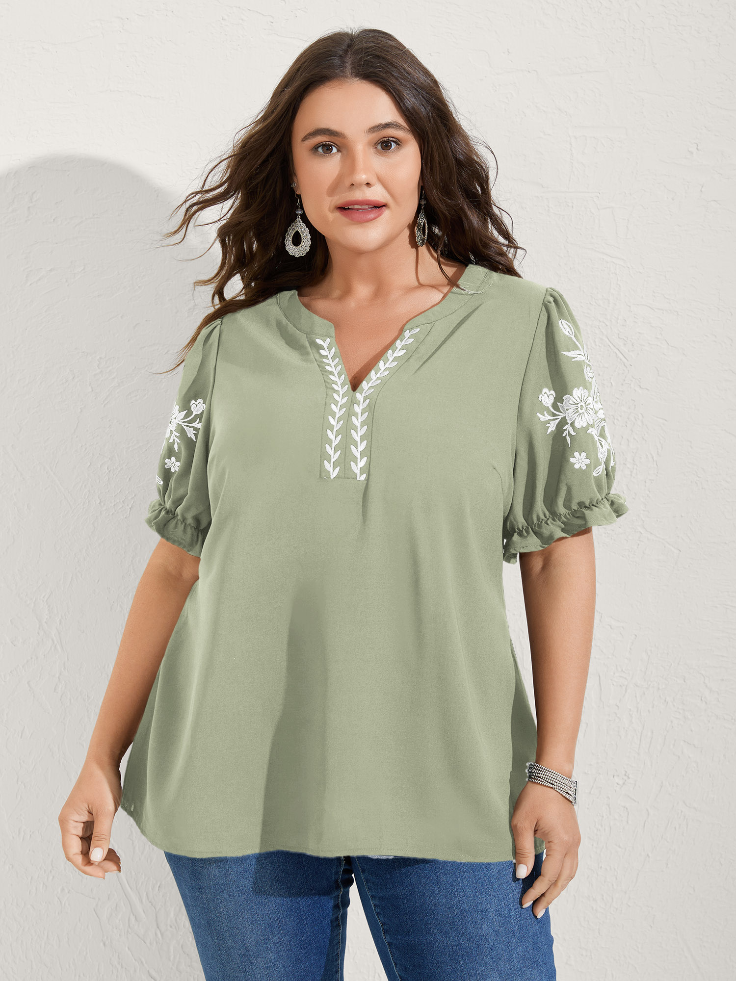 BloomChic Women's Plus Size Notched Collar Embroidered Ruffled Blouse Greenbean Solid Vacation Short sleeve V-Notch Neck 10/M