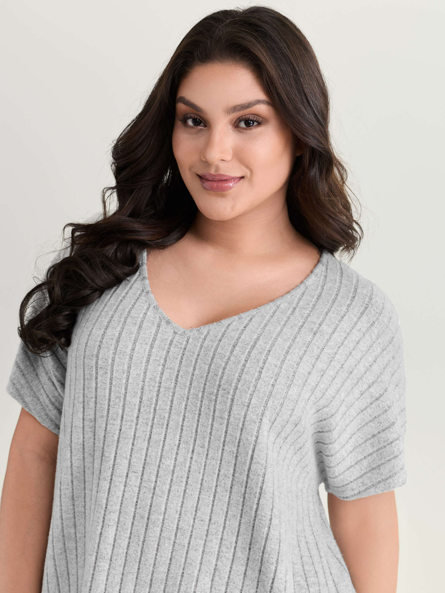 Side view of BloomChic Women's Plus Size Stretchy-Fit Ribbed Texture Lounge Set Mediumgray Solid Short sleeve Non 10/M