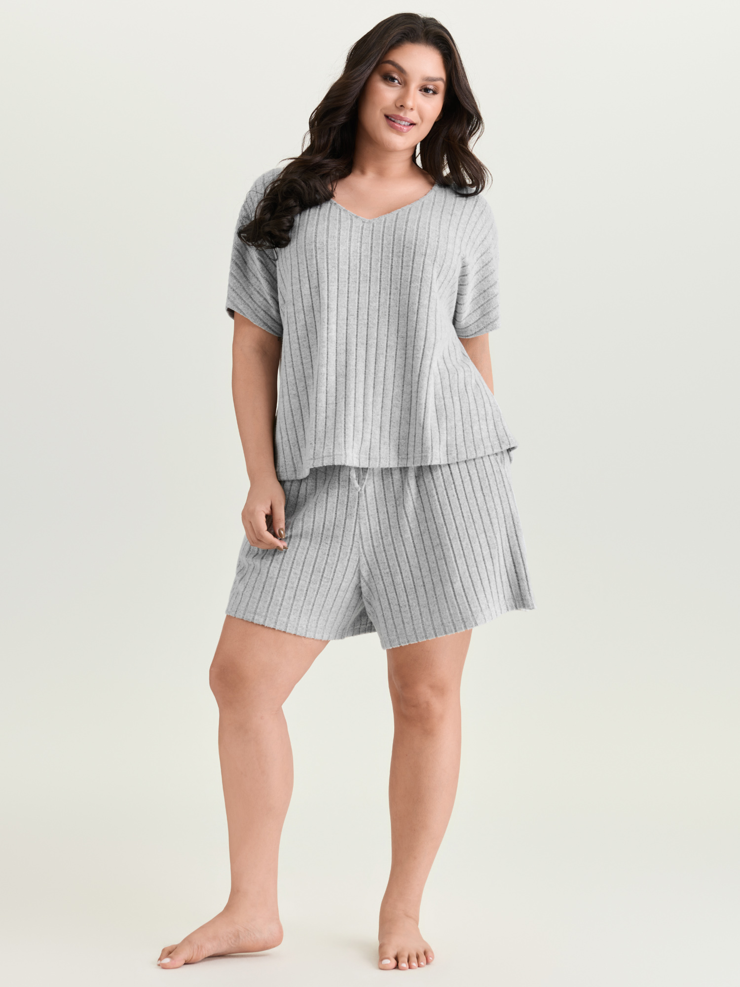 Side view of BloomChic Women's Plus Size Stretchy-Fit Ribbed Texture Lounge Set Mediumgray Solid Short sleeve Non 10/M