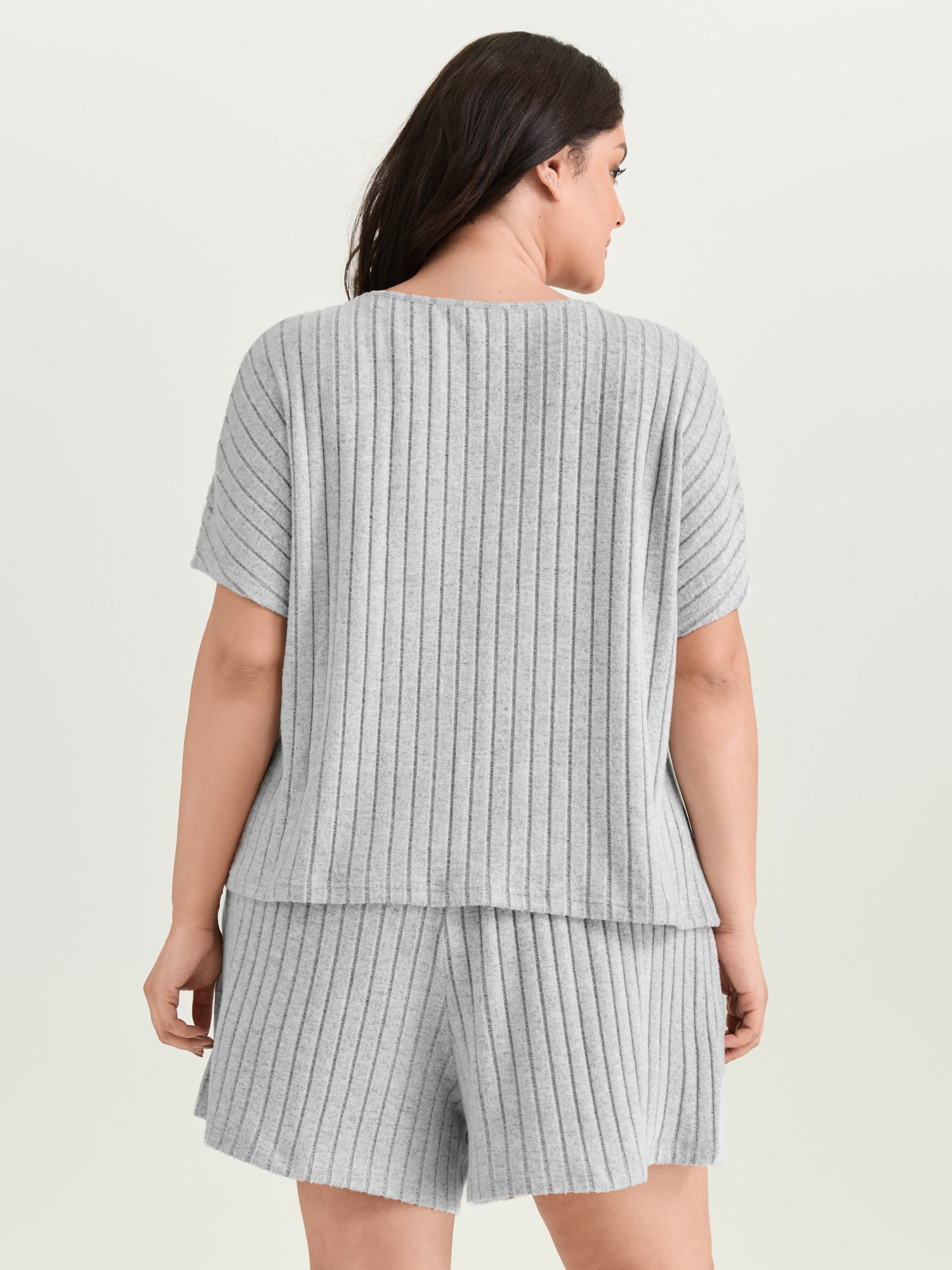 Side view of BloomChic Women's Plus Size Stretchy-Fit Ribbed Texture Lounge Set Mediumgray Solid Short sleeve Non 10/M