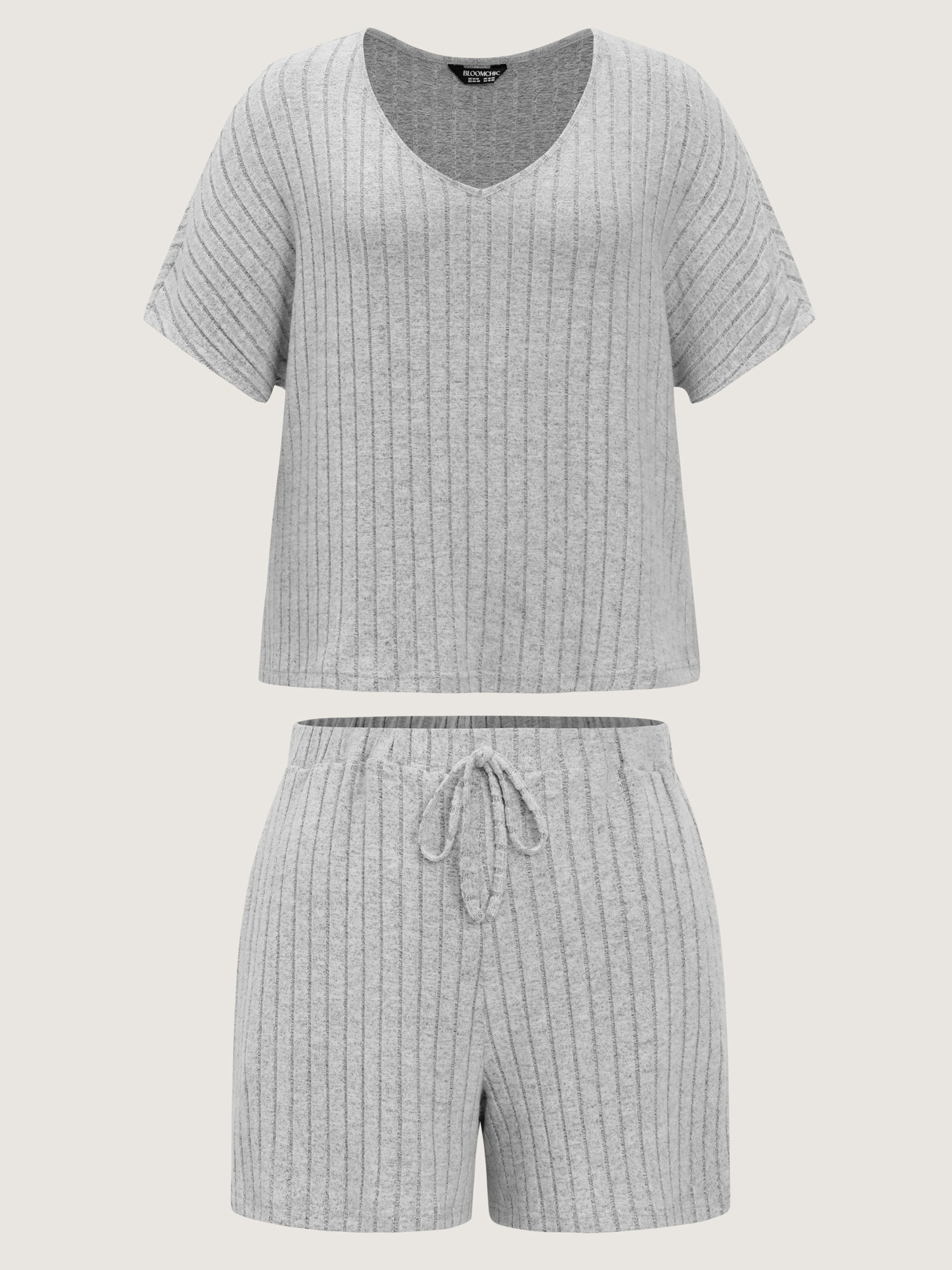 Side view of BloomChic Women's Plus Size Stretchy-Fit Ribbed Texture Lounge Set Mediumgray Solid Short sleeve Non 10/M