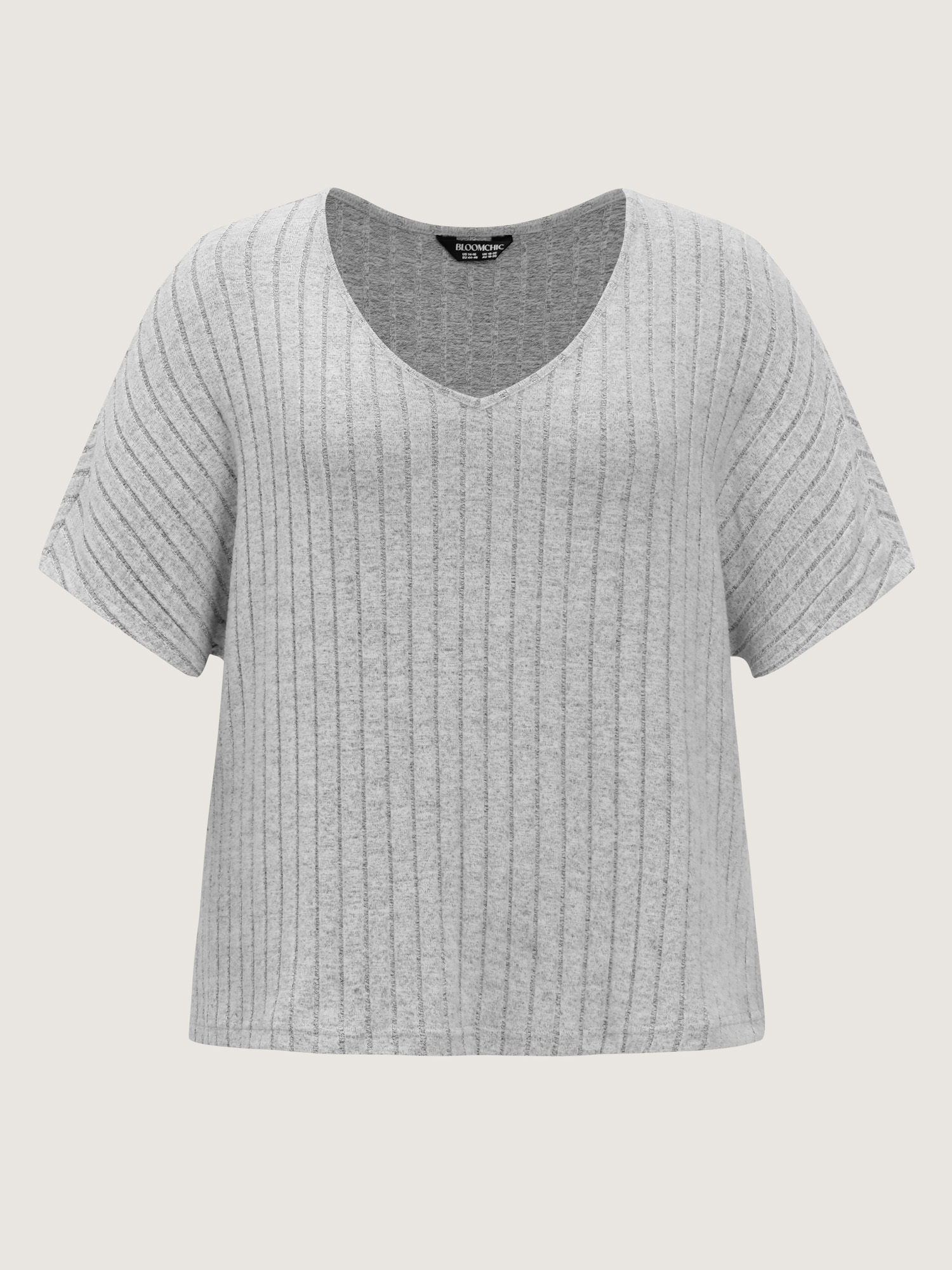 Side view of BloomChic Women's Plus Size Stretchy-Fit Ribbed Texture Lounge Set Mediumgray Solid Short sleeve Non 10/M