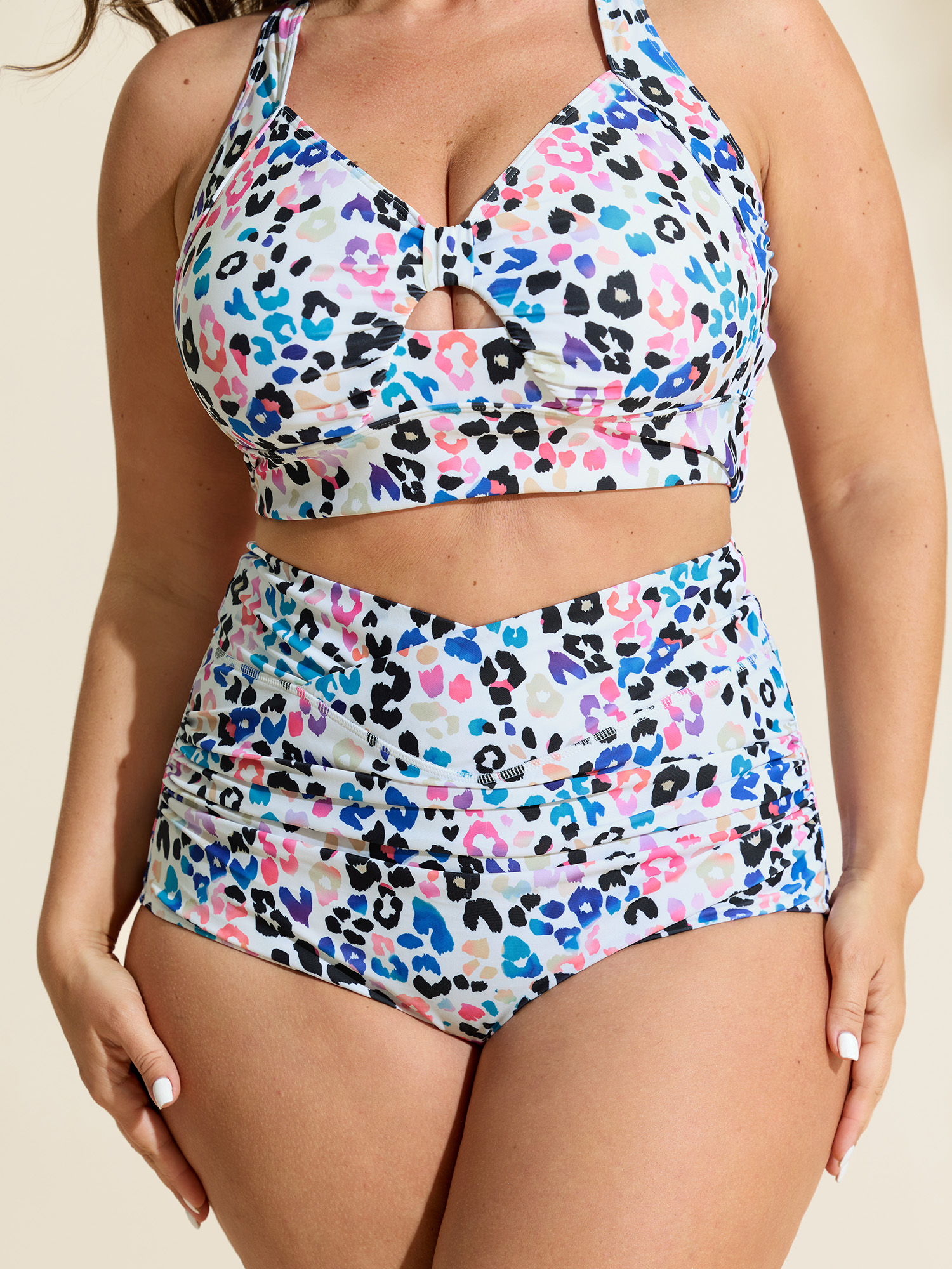 BloomChic Women's Plus Size Colorful Leopard Print Overlap Waist Bikini Bottoms Ivory Leopard cropped Non Fully elasticated waist 12/L